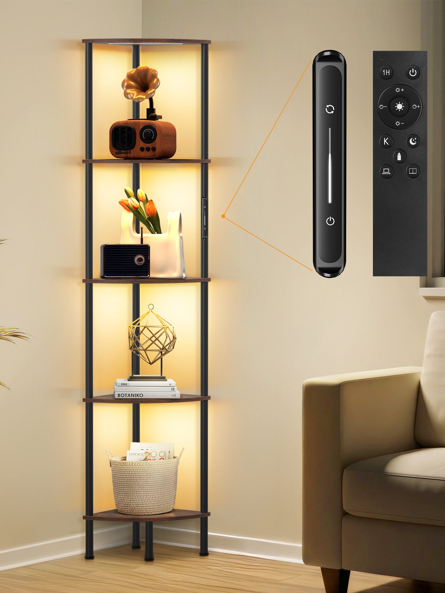 OUTON Stehlampe LED-Bücherregal im Vintage-Stil, 5 Ebenen, dimmbar, 3000K–6500K, gelb/schwarz