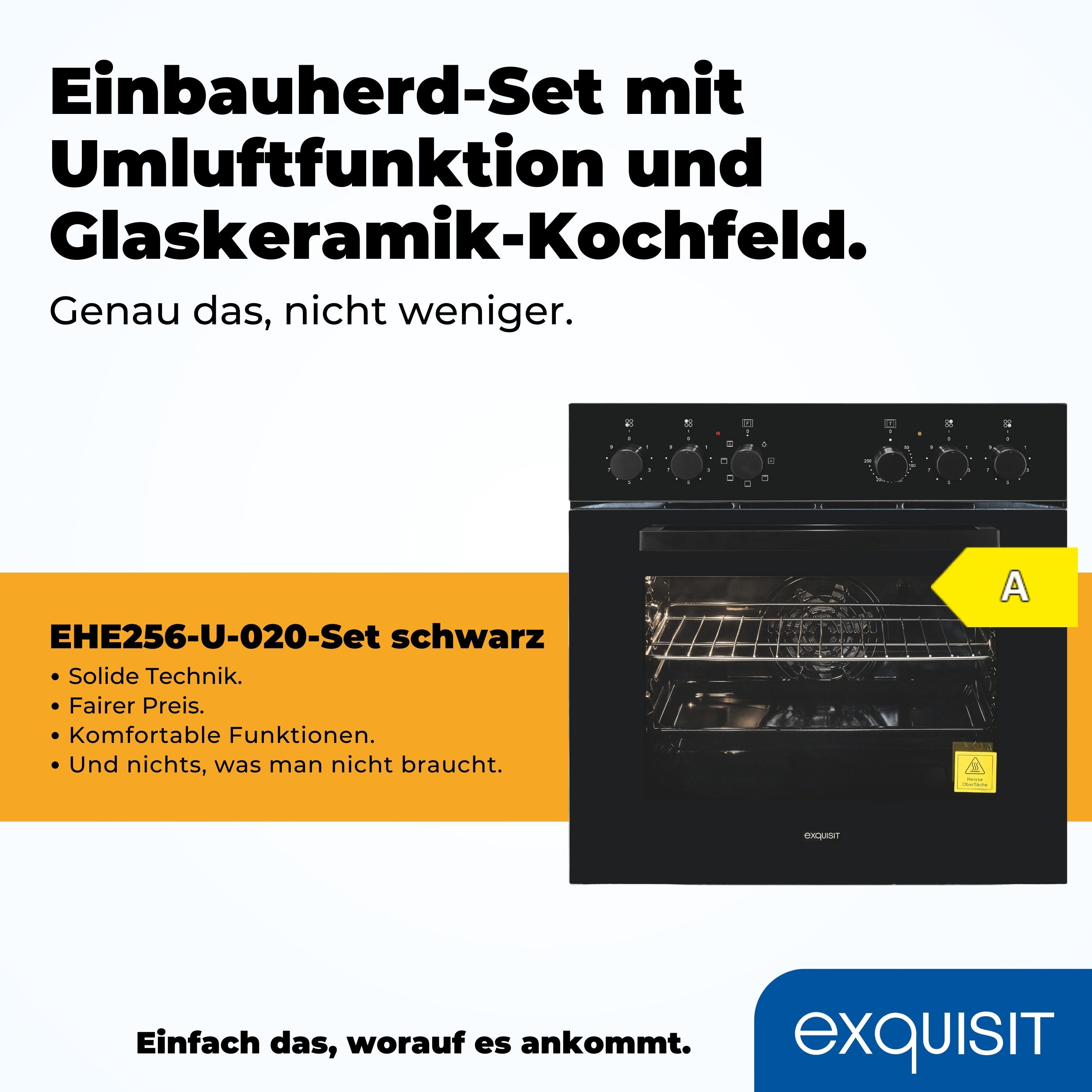 exquisit Elektro-Herd-Set EHE256-U-020 schwarz, Umluft für gleichmäßige Wärme ideal für Plätzchen auf mehreren Blechen