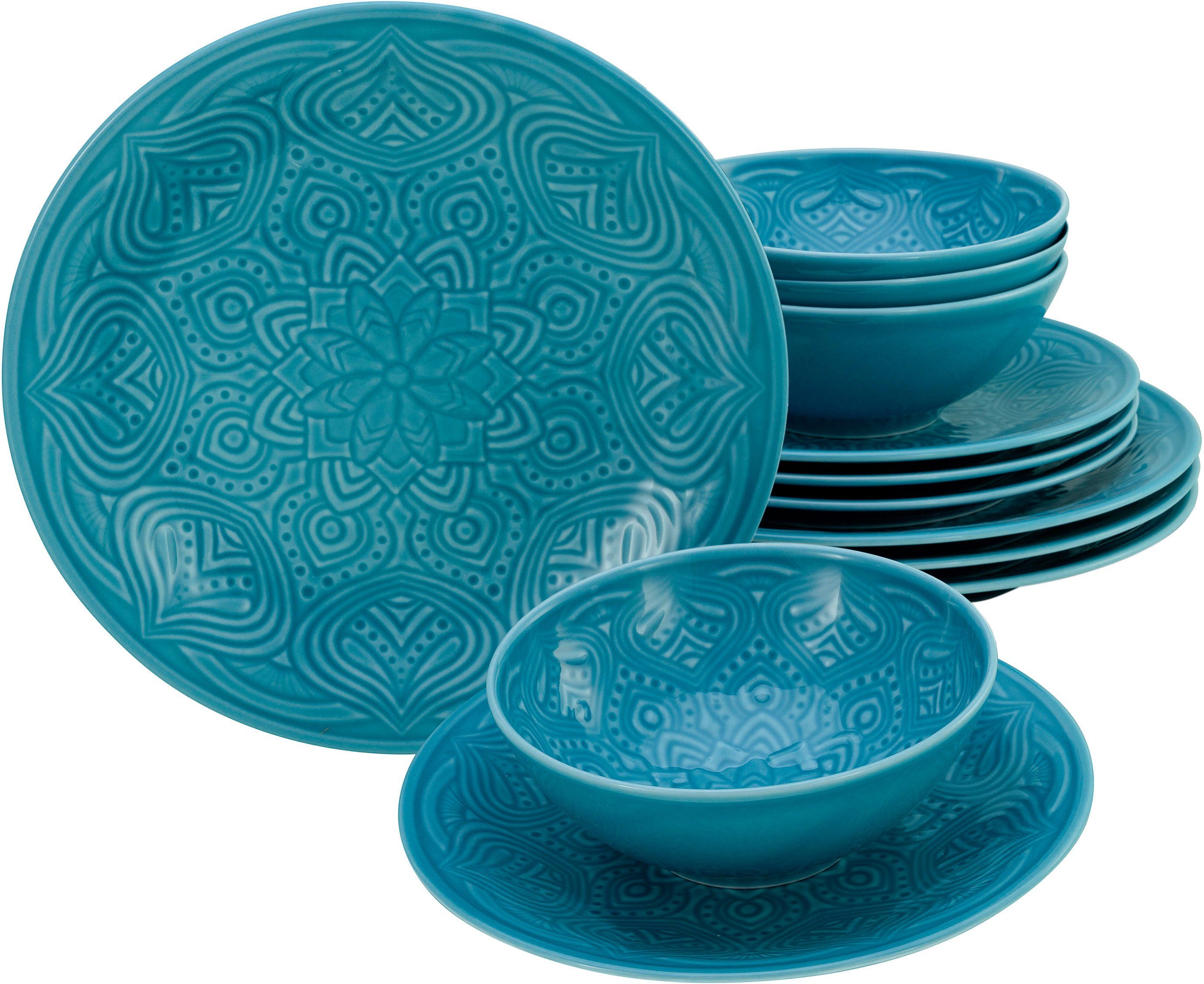 CreaTable Teller-Set Orient Mandala (12-tlg), 4 Personen, Porzellan, Teller Set, Speiseteller, Dessertteller und Schalen im Set