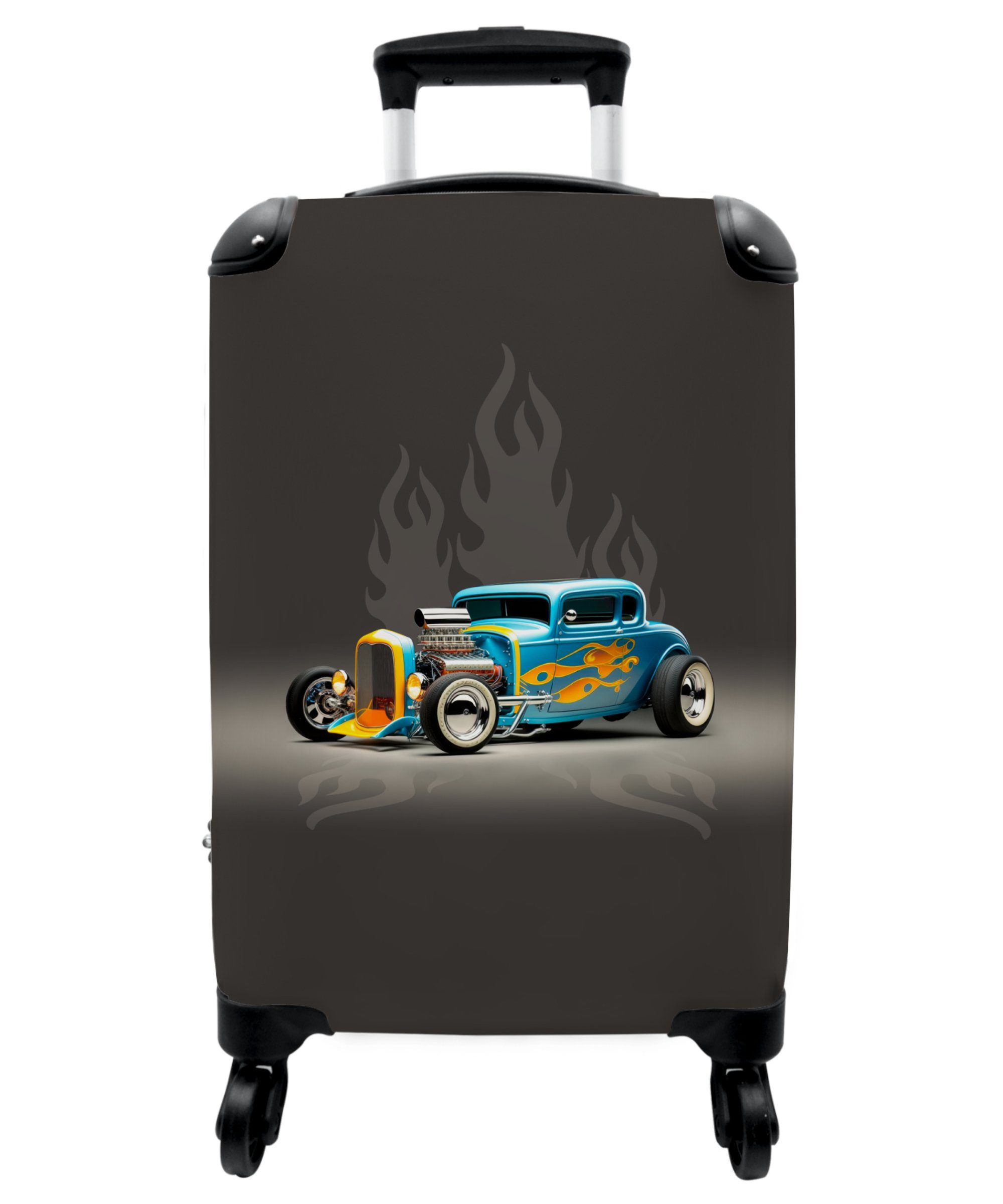 NoBoringSuitcases.com© Kinderkoffer Handgepäck, 4 - Oldtimer Jungen - Auto Kindertrolley, Rollen, Reisekoffer - für Blau, Flammen 55x35x20cm