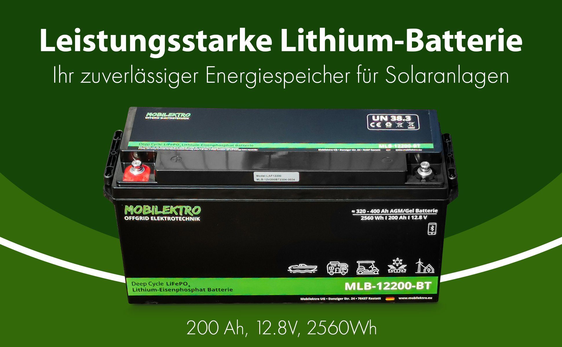 MOBILEKTRO MLB-12200-BT Batterie, (12V Versorgungsbatterie LiFePO4 V), für 2560Wh Boot, Wohnmobil, 200Ah, Solar