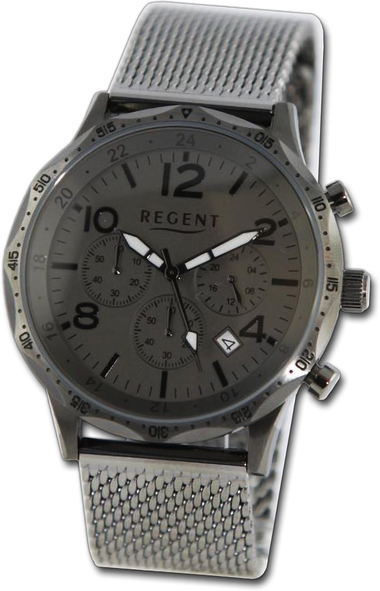 Regent Quarzuhr Regent extra rundes Herren Gehäuse, (ca. Analog, Herrenuhr Metallarmband grau, 44mm) groß Armbanduhr