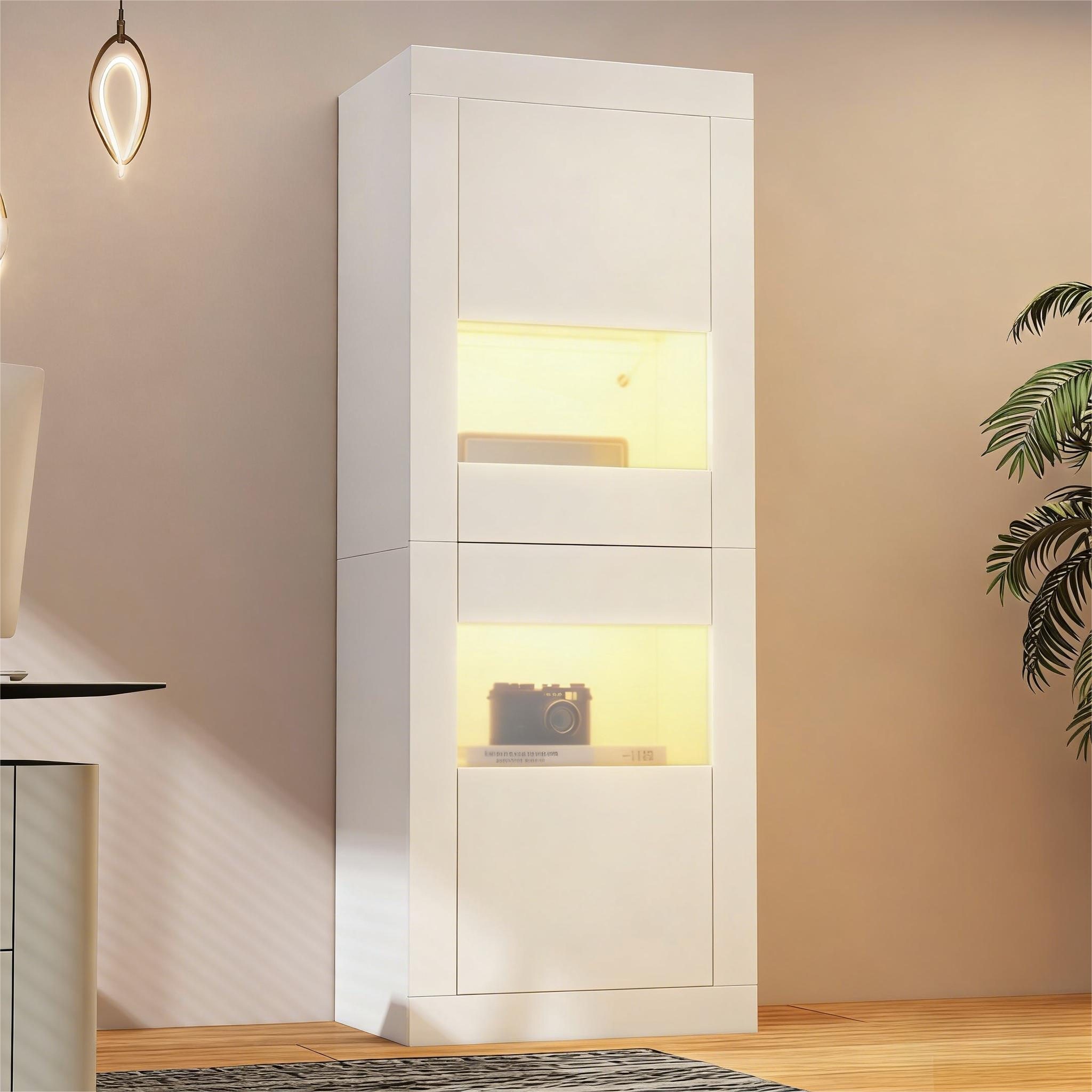 Merax Standvitrine Vitrine mit LED-Beleuchtung inkl.APP (1-St) Hochschrank mit erstellbaren Glasböden & Kippsicherung, 61x42x162 cm