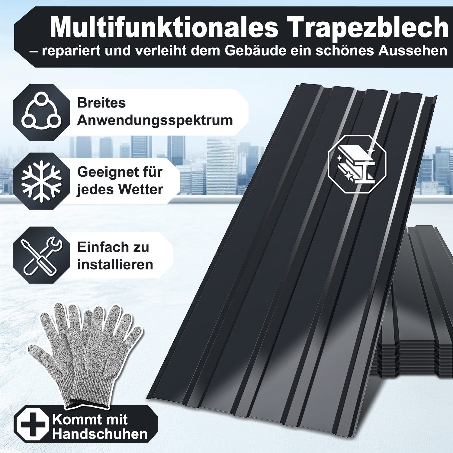 Clanmacy Trapezblech Trapezblech 12er Set Profilblech Trapezblech mit Handschuhe 6m², 115x45x0.3 mm (Set 12-St) UV-Schutz, Wasserfest, Wetterfest, Rostresistent – Bild 3 von 5