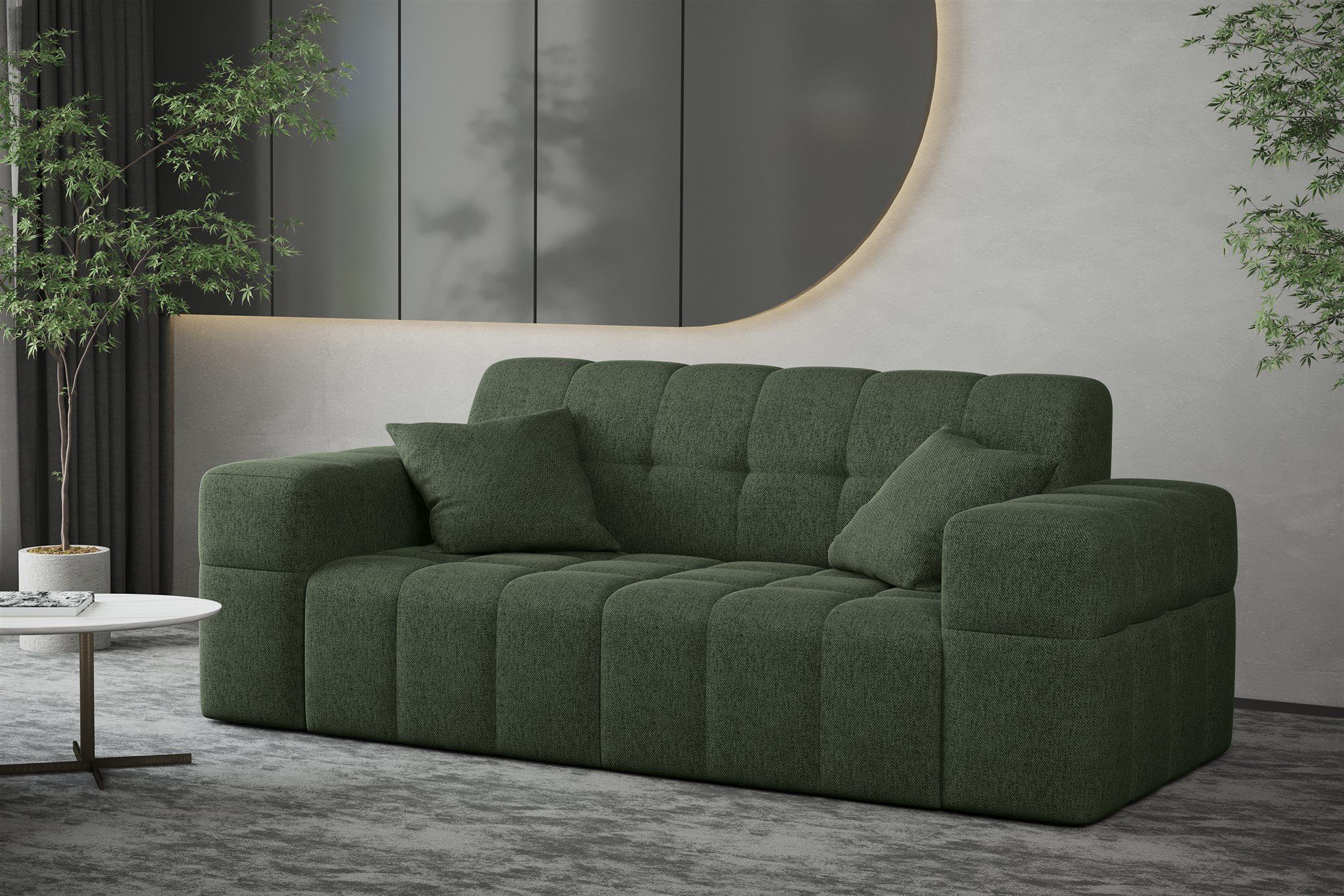 Fun Möbel Sofa Sofa Designer-Sofa NANCY 2-Sitzer in Stoff Neve, Rundumbezug Tannengrün