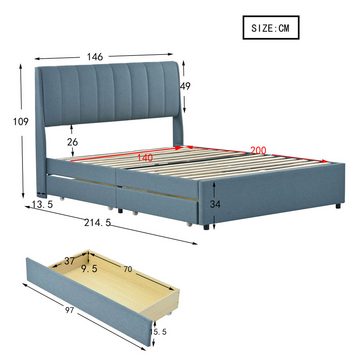 IDEASY Polsterbett Doppelbett, Leinenbett, Bettgestell aus Stoff, 140 x 200 cm, 4 ausziehbare Schubladen, Stauraum für zu Hause