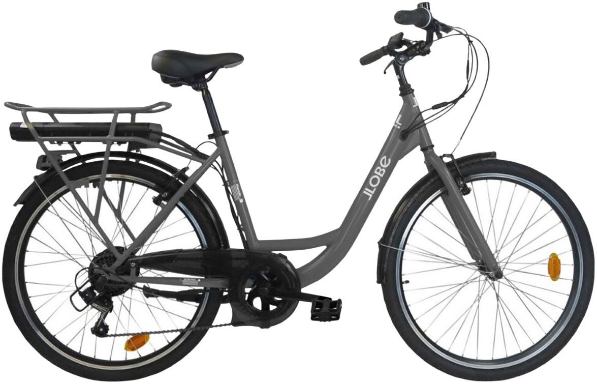 LLobe E-Bike Cityrad City E-Bike 26" Mando anthrazit, 6 Gang Shimano Tourney Schaltwerk, Kettenschaltung, Heckmotor, 280,8 Wh
