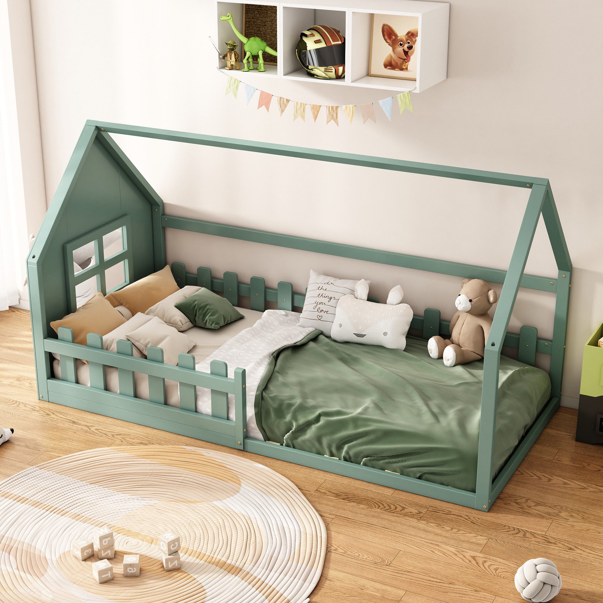 Flieks Massivholzbett, Kinderbett Hausbett Einzelbett 90x200cm mit Lattenrost und Zaun