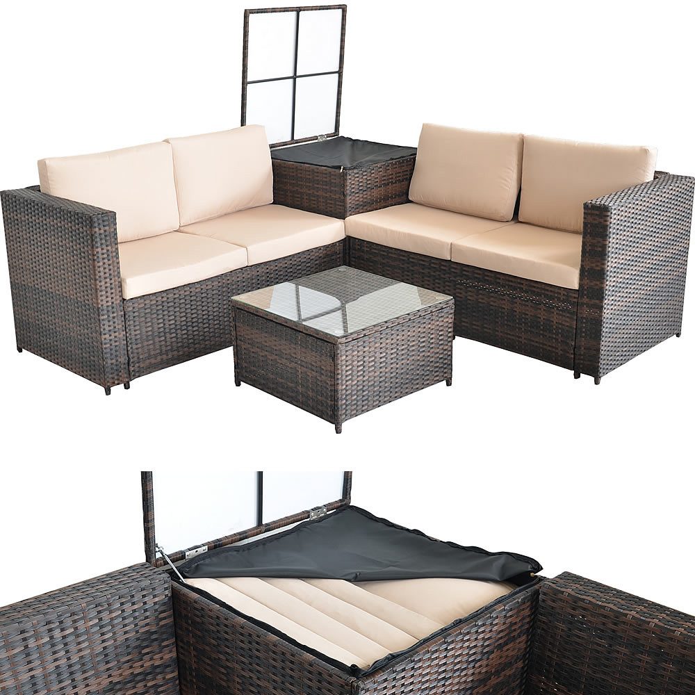 Mucola Gartenlounge-Set Polyrattan Sitzgruppe mit Auflagenbox Sitzgarnitur Gartengarnitur, (Set, 2-tlg., inkl.Tisch), Sicherheitsglasplatte