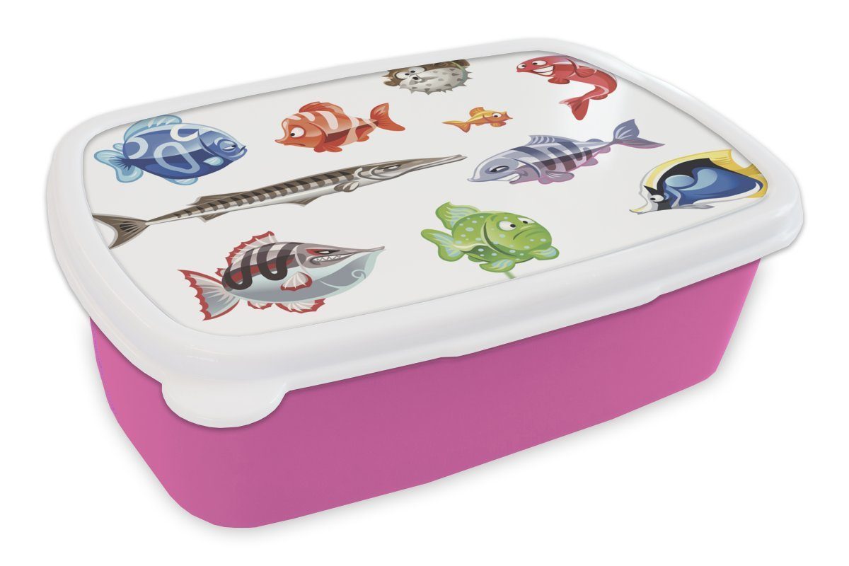 MuchoWow Lunchbox Eine Illustration von zehn animierten Fischen, Kunststoff, (2-tlg), Brotbox für Erwachsene, Brotdose Kinder, Snackbox, Mädchen, Kunststoff rosa