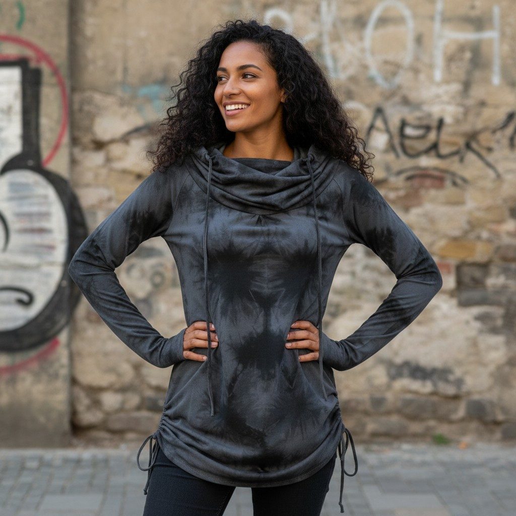 Guru-Shop Longsleeve Longshirt, Minikleid mit weiter Schalkapuze -.. alternative Bekleidung