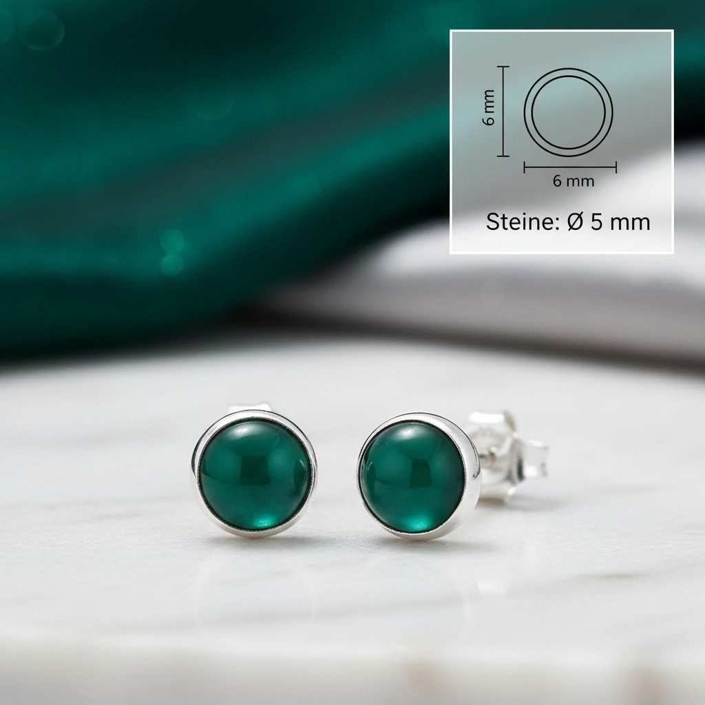 mantraroma Paar Ohrstecker SAMA rund klein aus 925 Silber mit grünen Onyx (Paar, Paar Ohrringe mit Schmuckbeutel), 925 Sterling Silber Ohrringe für Damen