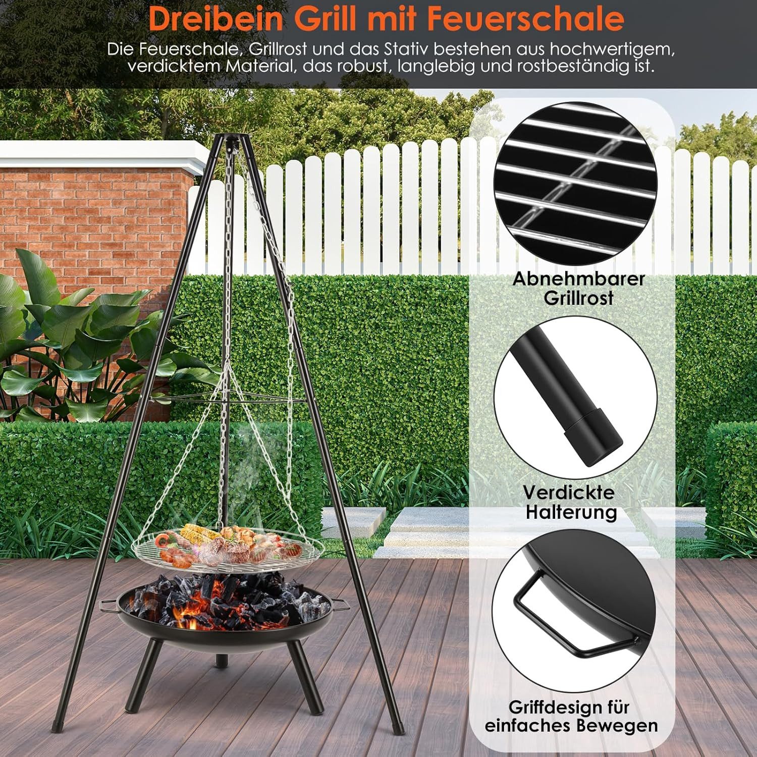 TLGREEN Feuerschale Höhenverstellbarer Kette (200 cm), (Feuerschalen für den Garten Camping Garten Hof), Schwenkgrill mit Feuerstelle, Holzkohlegrill, Grillen u – Bild 3 von 5