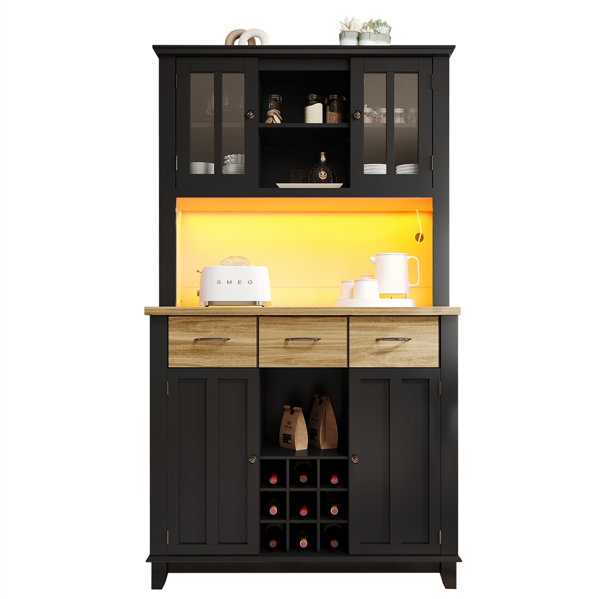 Buffet LED Küchenschrank mit 2 Glastüren, 3 Schubladen 9 Weinregalen