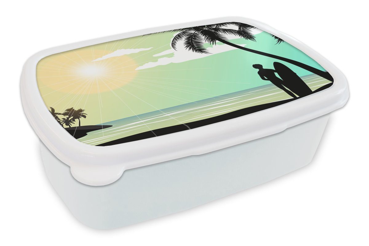 MuchoWow Lunchbox Meer - für Surfen - Sonne Kunststoff, Jungs Mädchen (2-tlg), - Palme, Kinder für und und Brotdose, Brotbox Erwachsene, weiß