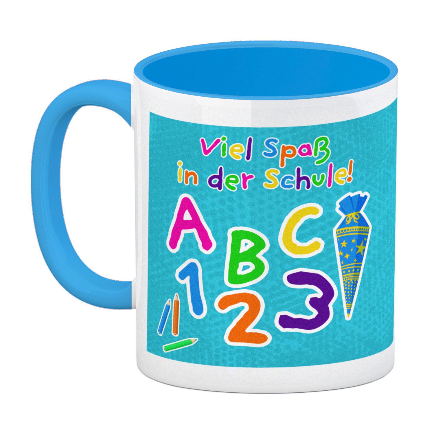 speecheese Tasse Viel Spaß in der Schule Kaffeebecher Hellblau für die Einschulung