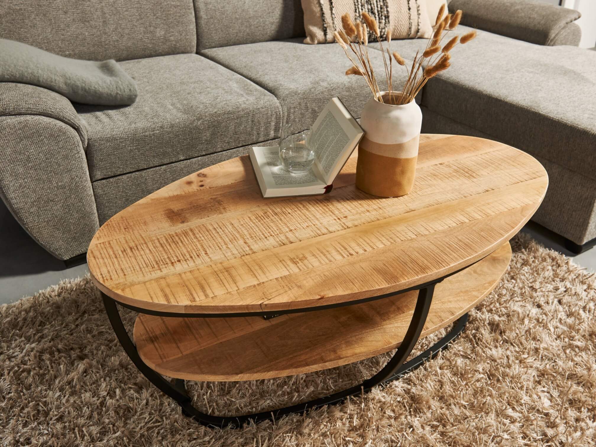 moebel-dich-auf Couchtisch JAIPUR 2 (mit Tischplatte aus 20mm Mango Holz massiv), Untergestell aus Metall in schwarz matt – Bild 4 von 5
