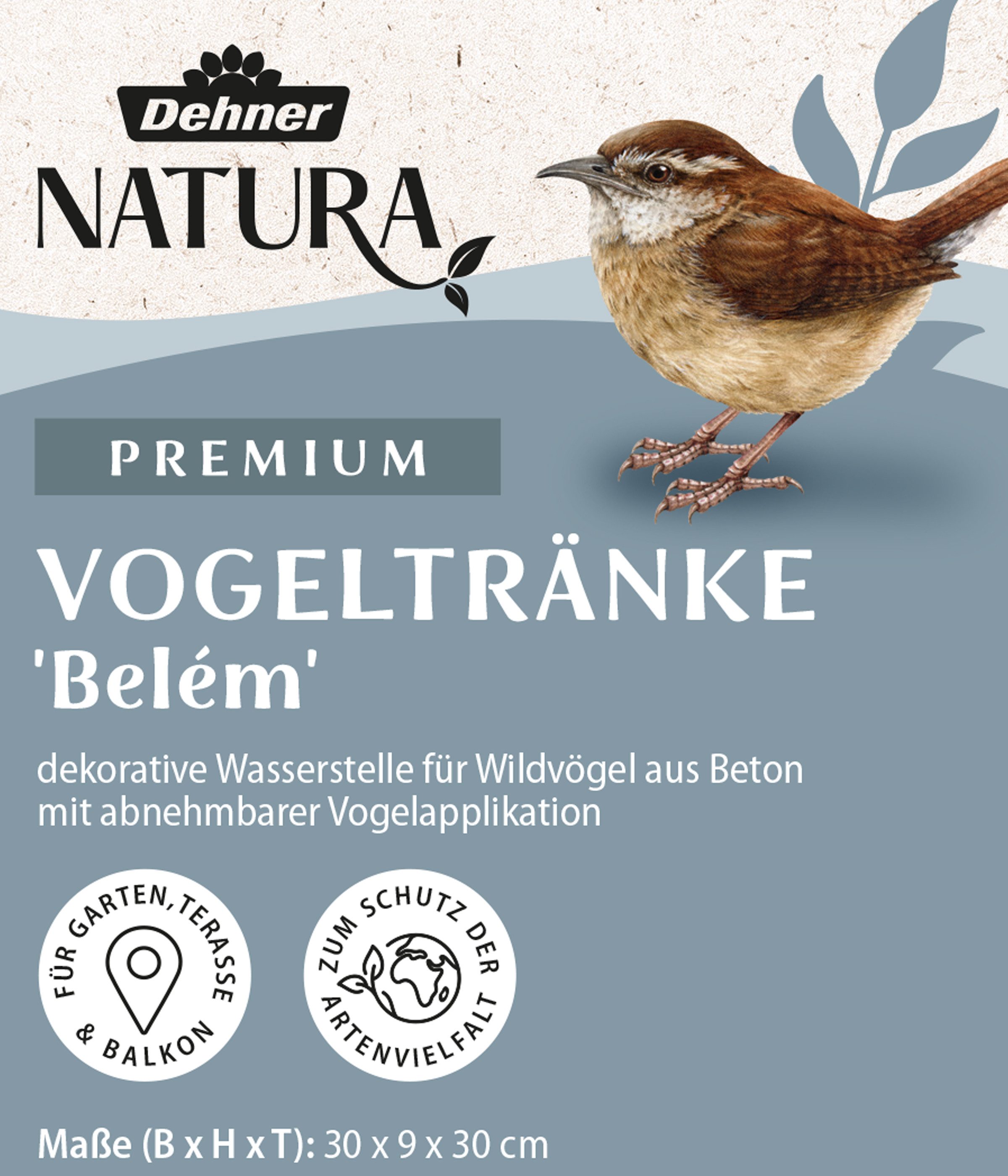 Dehner Vogeltränke Belém aus Beton, 30 x 30 x 9 cm, grau / schwarz, mit abnehmbaren Vögeln, für Vögel und Insekten im Garten