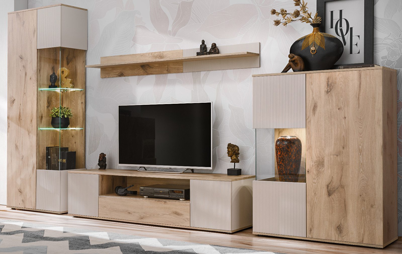 Inn.Furn Wohnwand Cathlyn, (4-teilige Schrankwand in Eiche und Kaschmir, 350 x 197 cm), mit Push-To-Open und LED-Beleuchtung