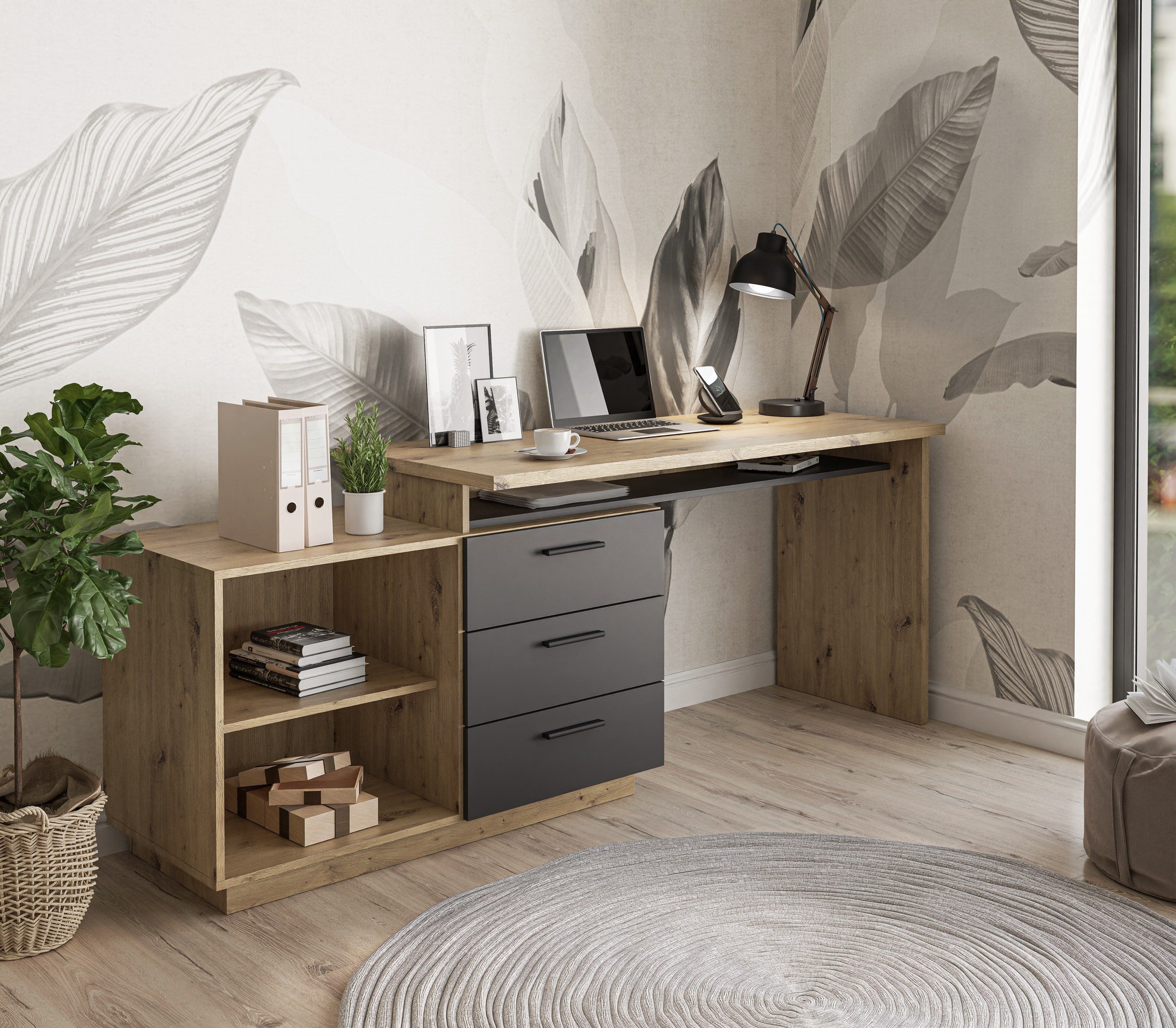 Lookway Eckschreibtisch CHIA Eiche Artisan Graphit, Breite: 138 cm