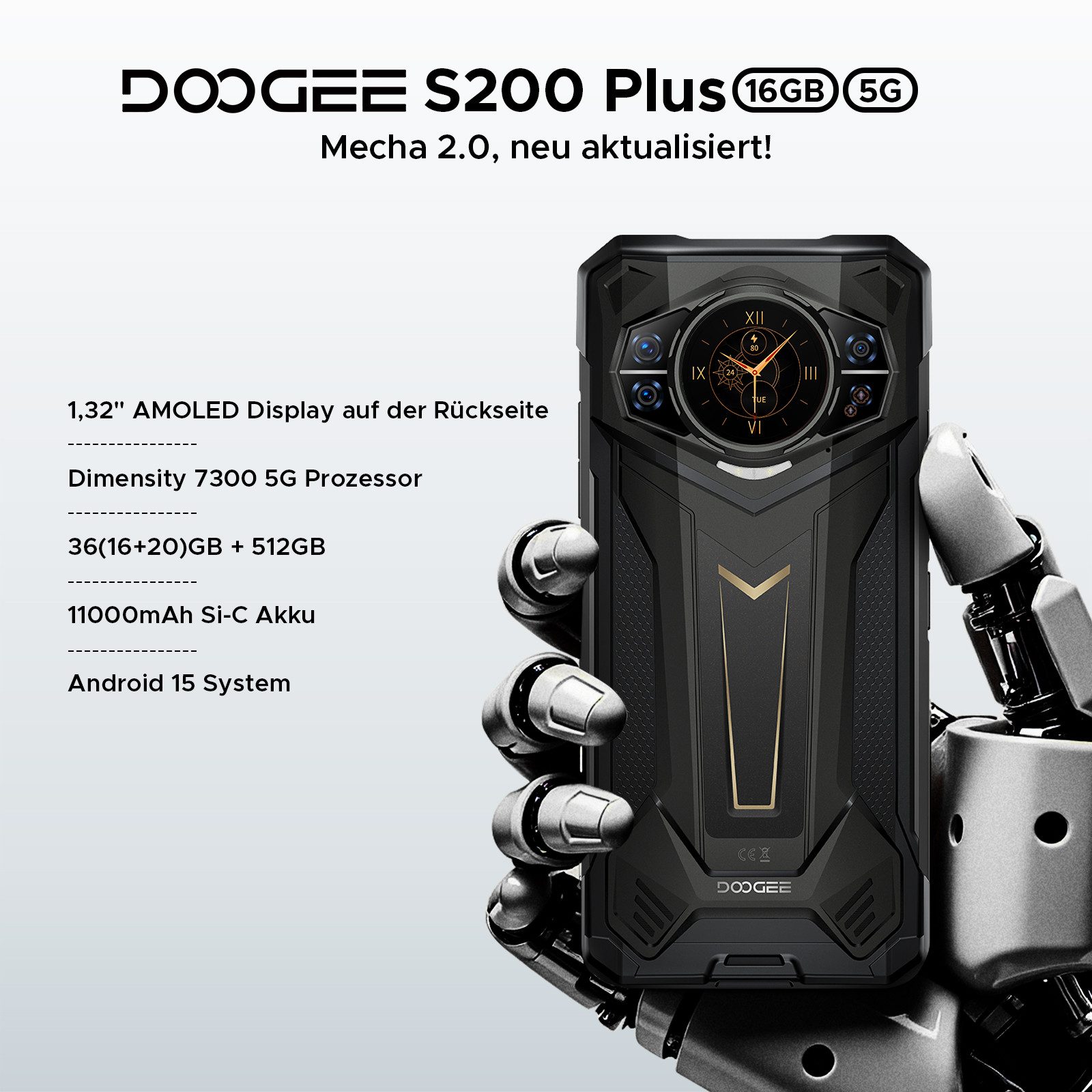 DOOGEE S200 PLUS 5G Android 15 Rugged Baustellenhandy Outdoor Smartphone (6.72 Zoll, 512 GB Speicherplatz, 100 MP Kamera, 36GB(16+20 GB erweiterter RAM) + 512GB/2TB TF, 10800mAh, 100 MP+ 32 MP)