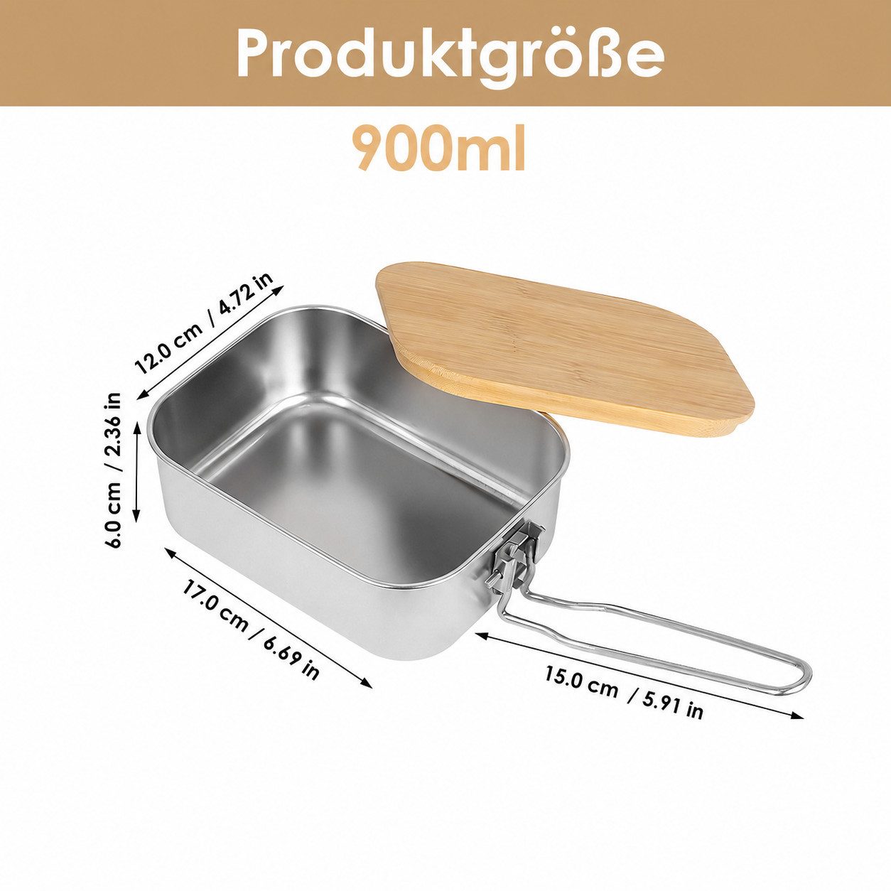 BlingBin Lunchbox 900/1400 ml Edelstahl-Lunchbox,Auslaufsichere Bento-Box mit Abtrennung, Edelstahl, (1er Set, 1-tlg., mit Bambusdeckel und einklappbarem Bügelg – Bild 2 von 5