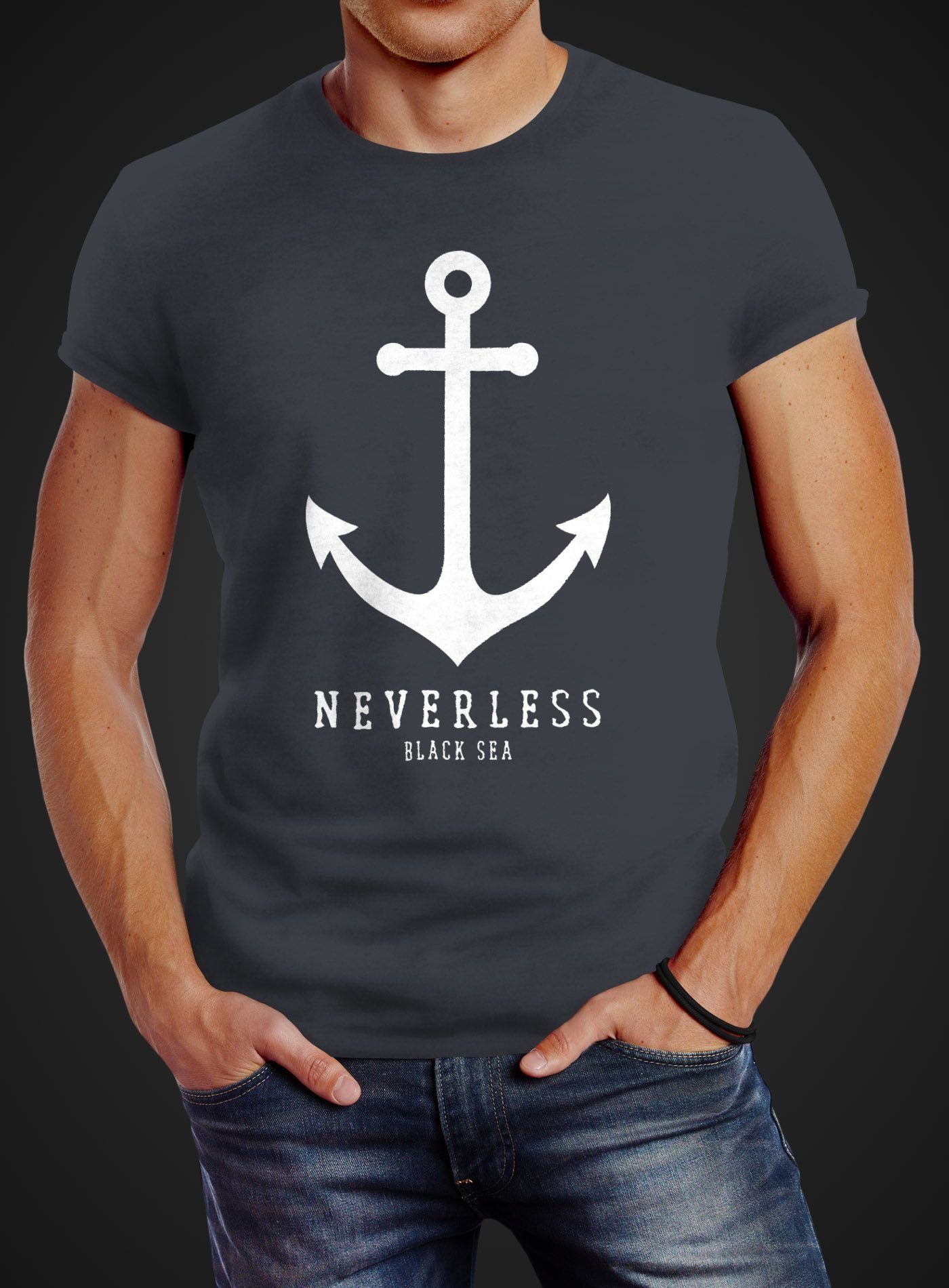 Neverless® Fit Segeln Neverless T-Shirt Sailor Slim Print-Shirt Anker Herren Print grau Nautical mit