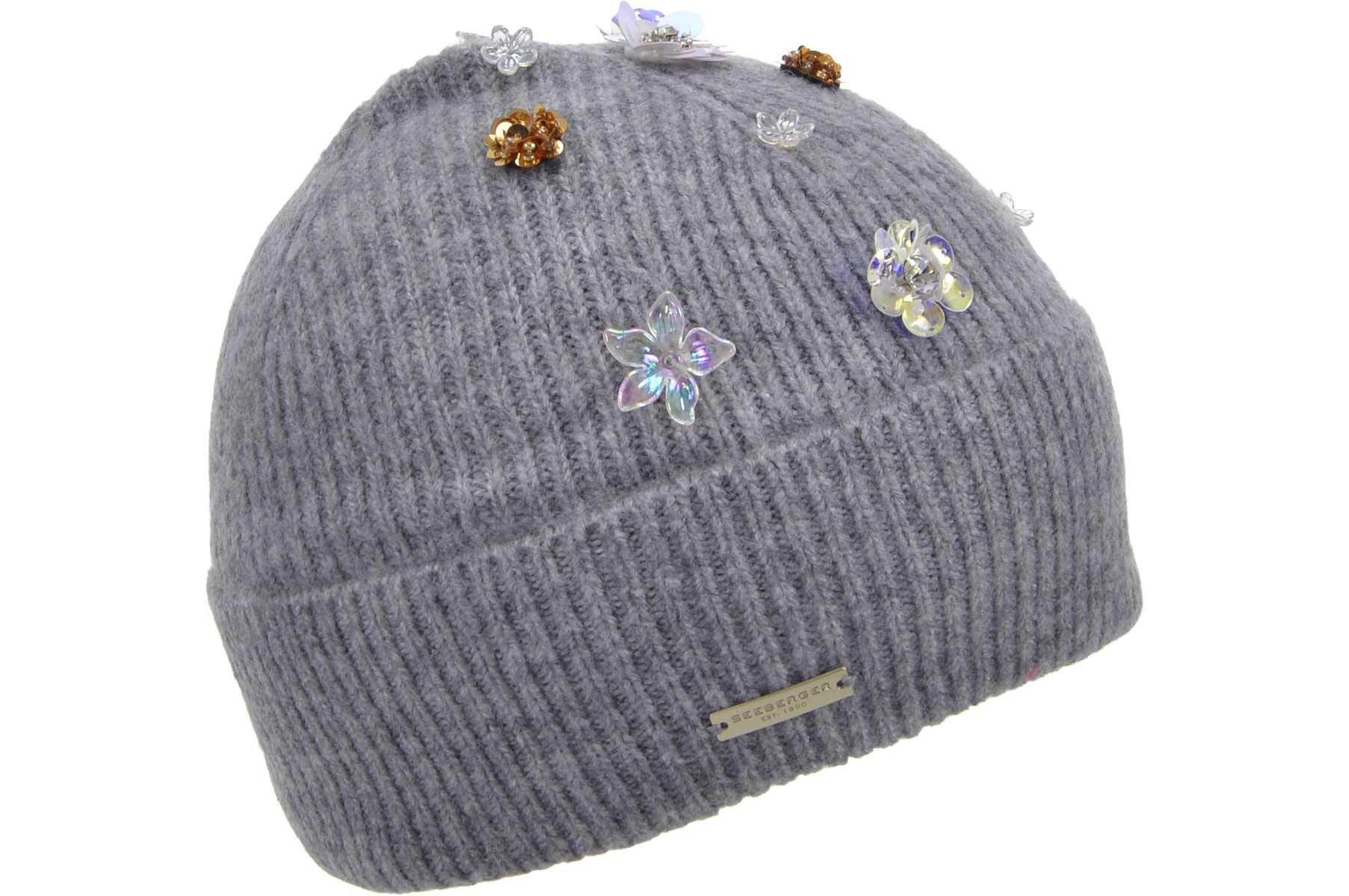 Seeberger Strickmütze Aufschlagmütze mit Blumenschmuck 19991-0