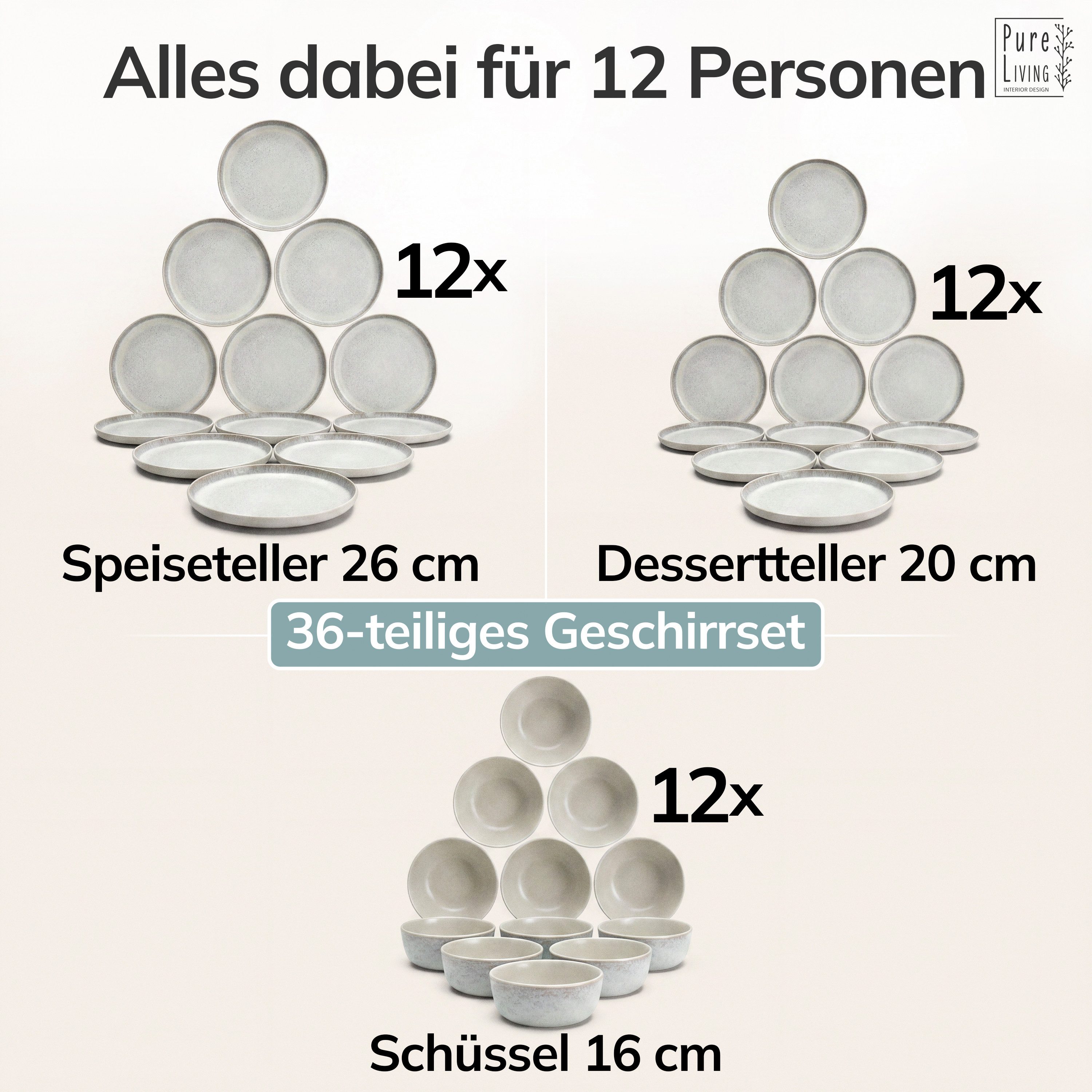 PURE LIVING INTERIOR DESIGN Geschirr-Set Ibiza aus Steingut, 36-tlg., für 12 Personen, Beige (36-tlg), 12 Personen, Steingut – Bild 5 von 5