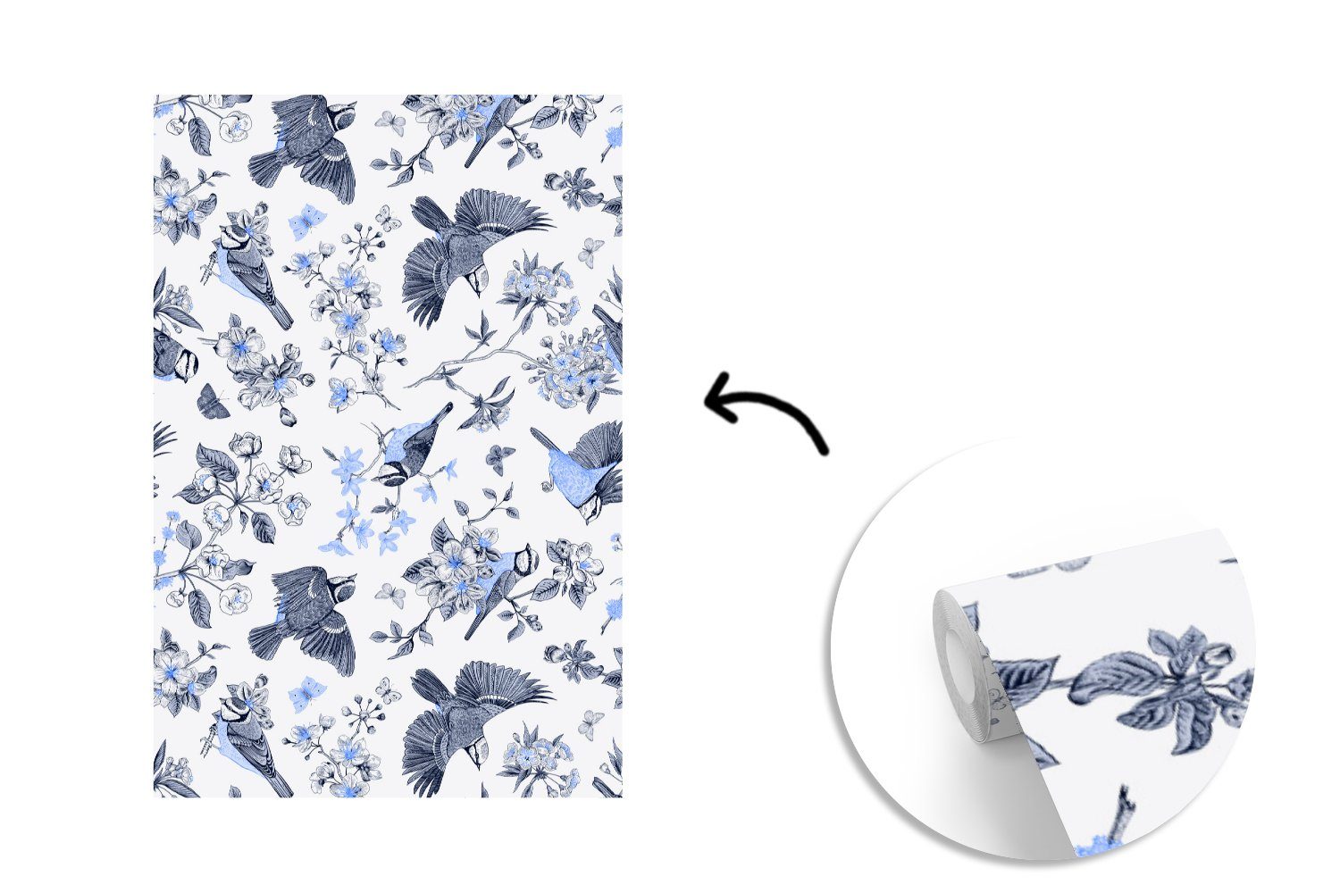 MuchoWow - Tapete bedruckt, - Blumen Fototapete Blau, Vogel Montagefertig Wandtapete Matt, Wohnzimmer, St), Vinyl (3 für