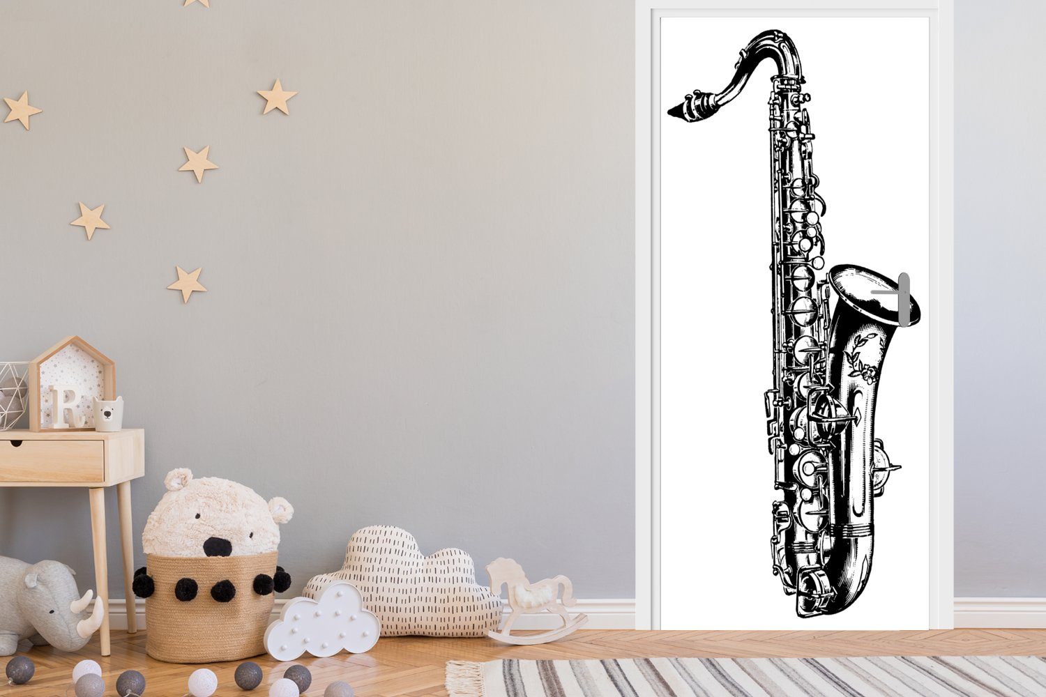 St), für schwarz-weiß, eines Tür, cm bedruckt, MuchoWow Saxophons 75x205 Matt, Türtapete Illustration (1 Türaufkleber, Detaillierte Fototapete in