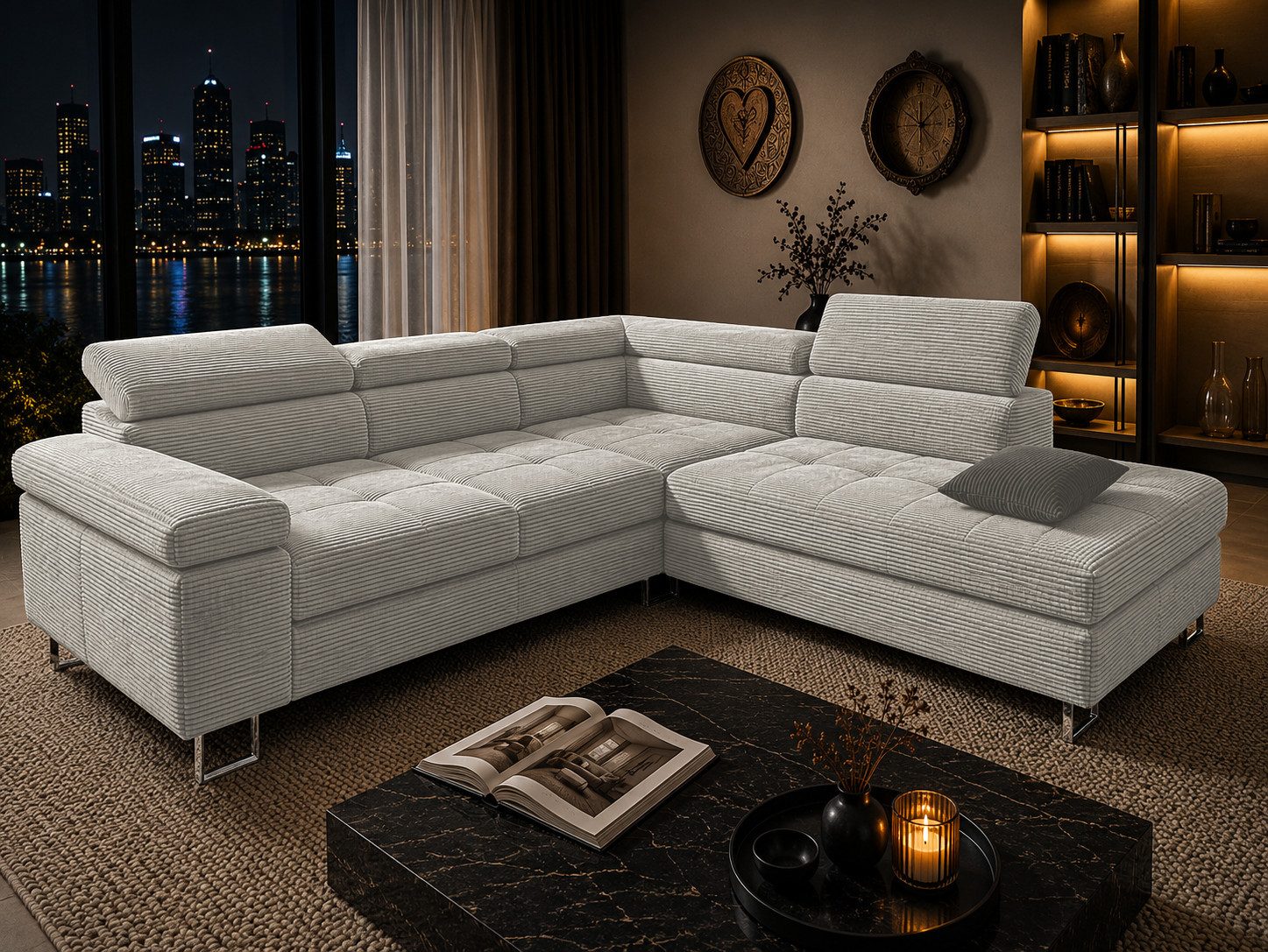 Goldstoff Ecksofa mit Schlaffunktion, Cord Couch für Wohnzimmer - Cord Ecksofa, Cord Sofa VOYAGE 2 Teile, Großer Bettkasten