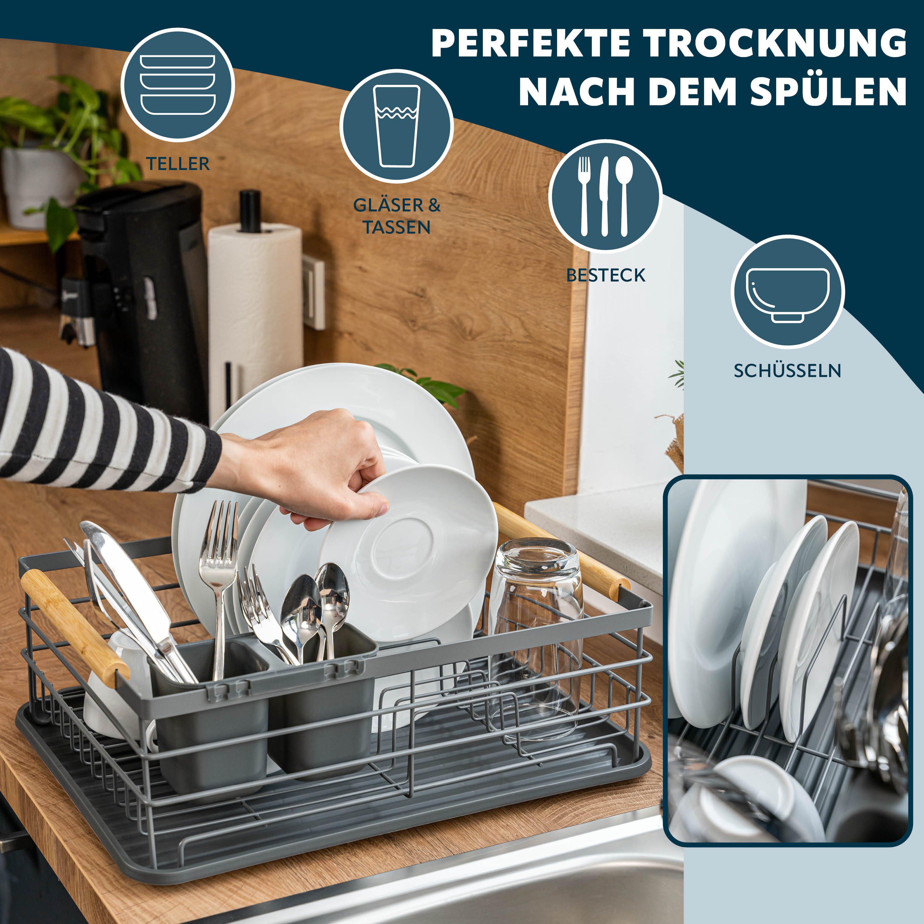eluno Geschirrständer Metall-Abtropfgestell mit Abtropfschale für Geschirr mit Besteckhalter – Bild 3 von 5