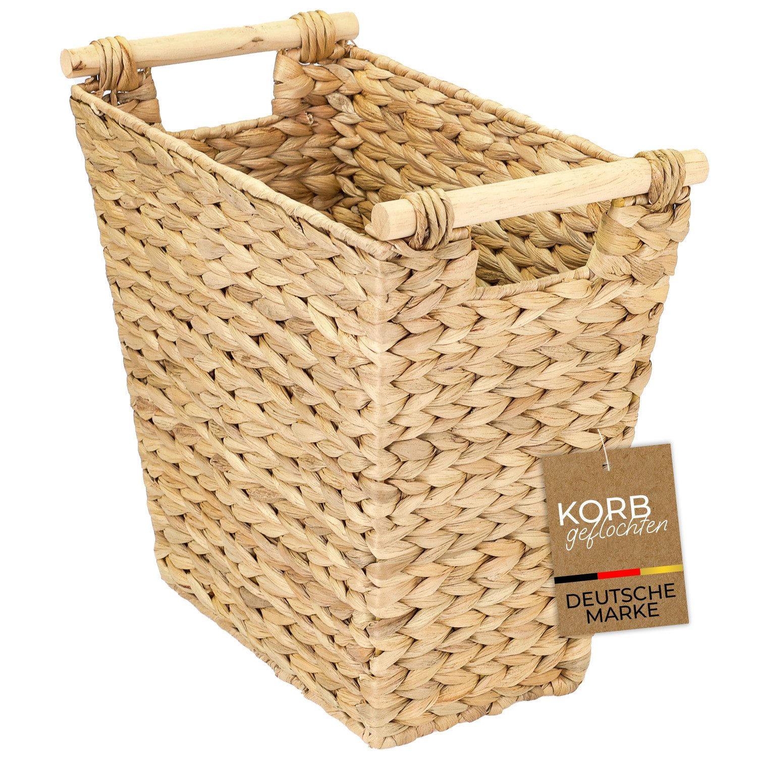 HMF Papierkorb Papierkorb Büro, trapezförmiger Aufbewahrungskorb mit Holzgriffen, geflochten aus Wasserhyazinthe, 36 x 19 x 33 cm, Naturfarben