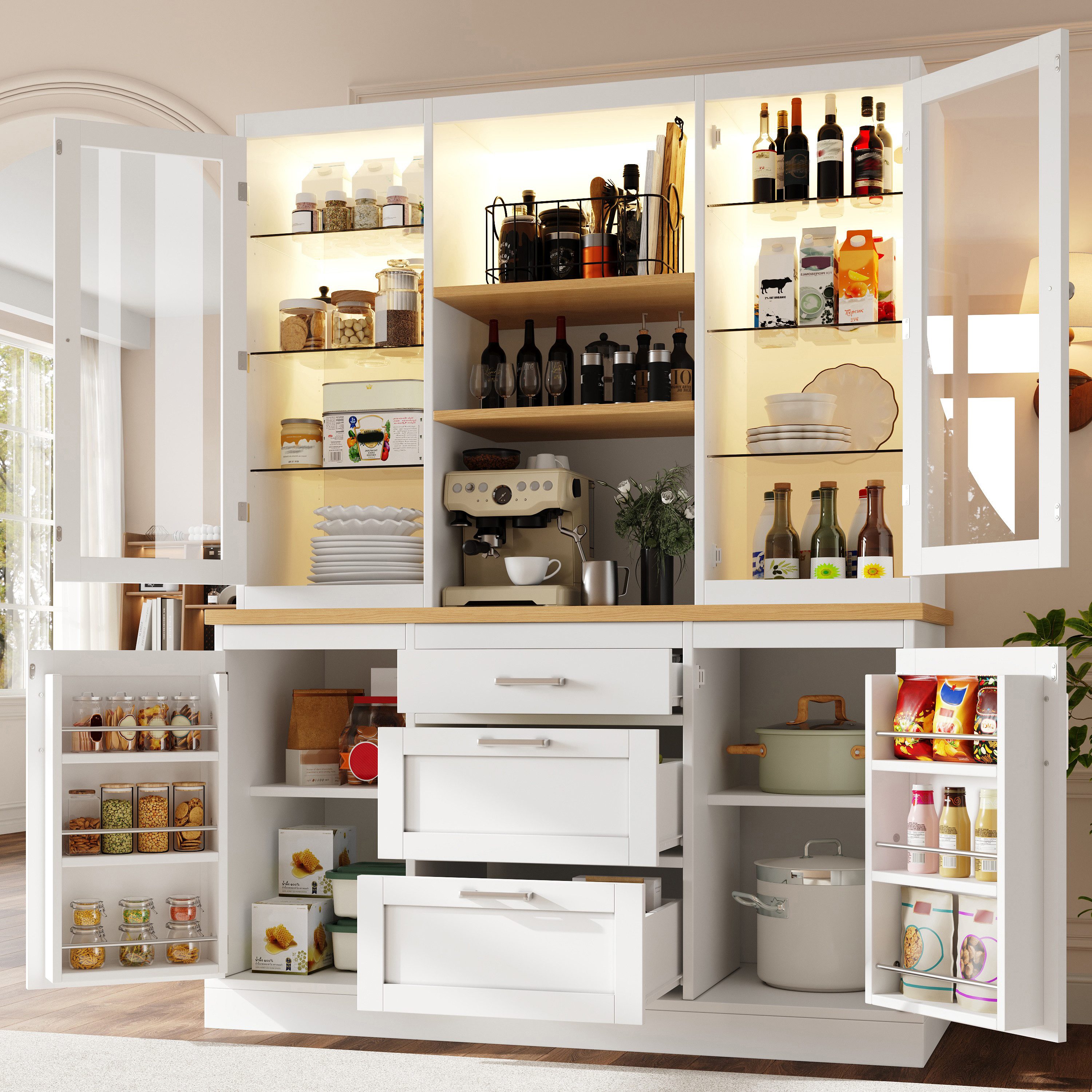 Flieks Küchenbuffet mit LED-Beleuchtung, verstellbarer Glaseinlegeböden und Arbeitsplatte (1-St., B140/T40/H185 cm) Hochschrank Küchenschrank Glasvitrine in Landhausstil Weiß