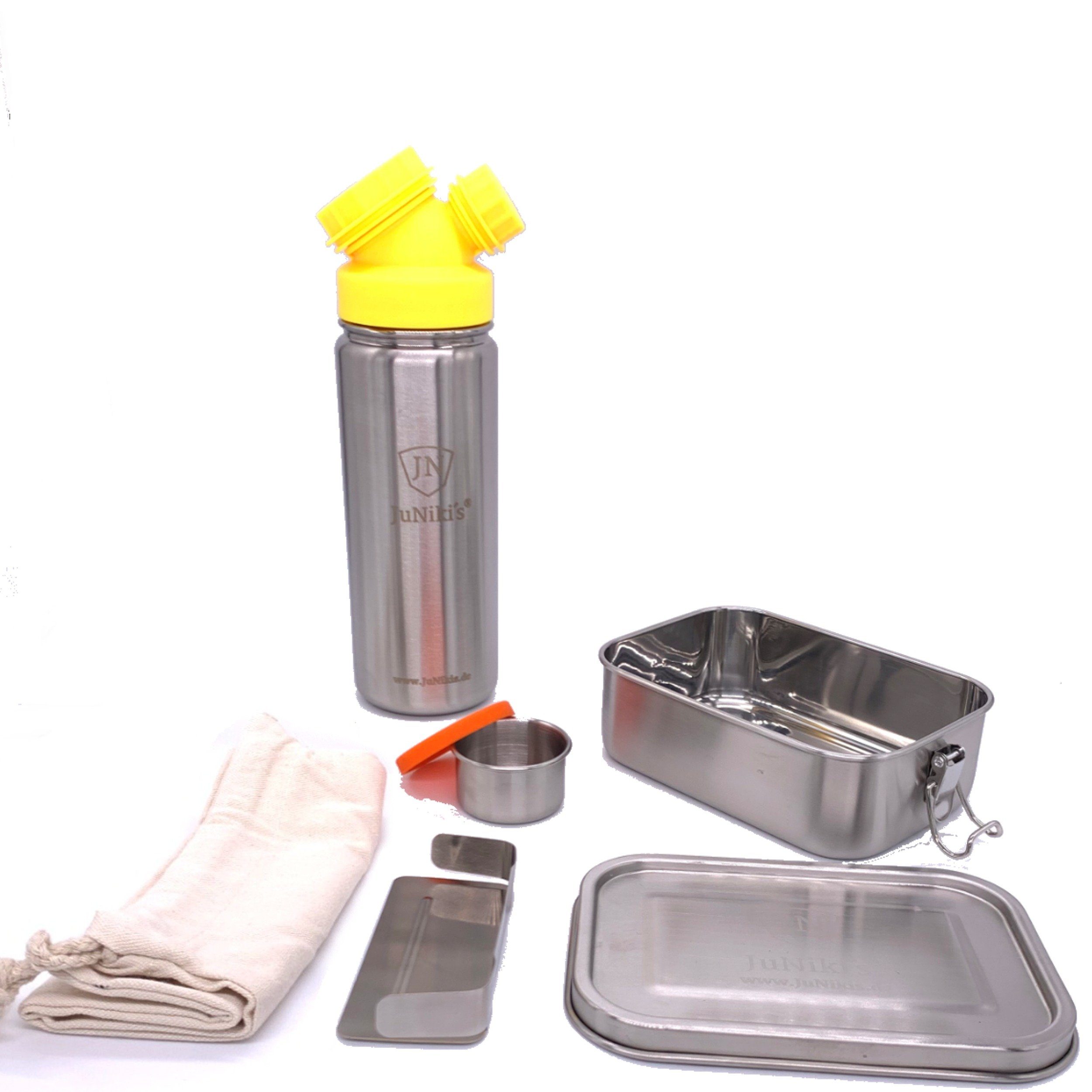 JN JuNiki´s Lunchbox Premium-Schüler-Set aus Edelstahl, Lunchbox und einzigartige isolierte JuNiki´s® 550ml Trinkflasche mit Double Neck® Deckel, auslaufsicher auch bei Kohlensäure - Im Set zum Vorteilspreis Gelb