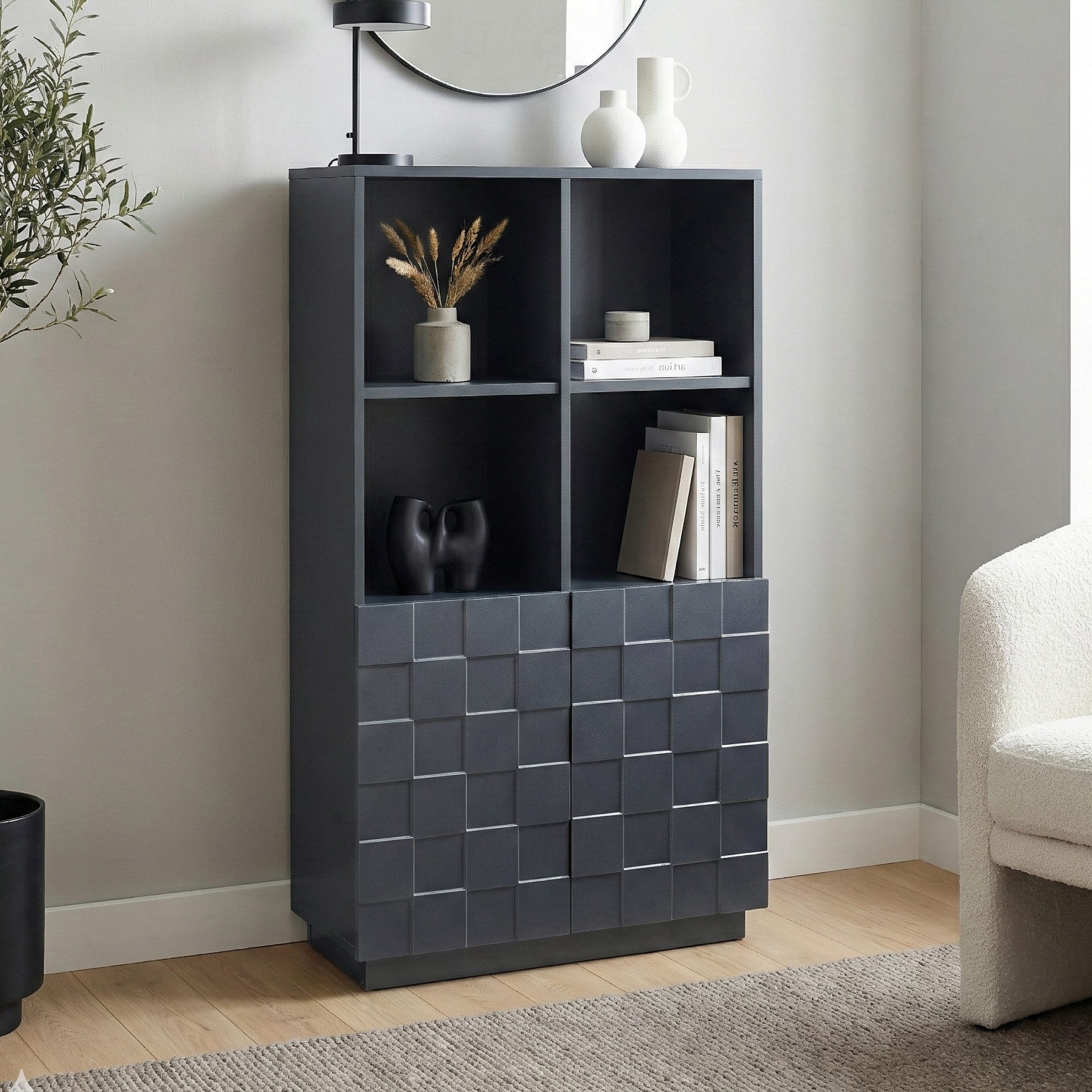 en.casa Hochkommode, »Bopibobro« mit 2 Türen 3D-Front 118 x 64 x 30 cm Dunkelgrau