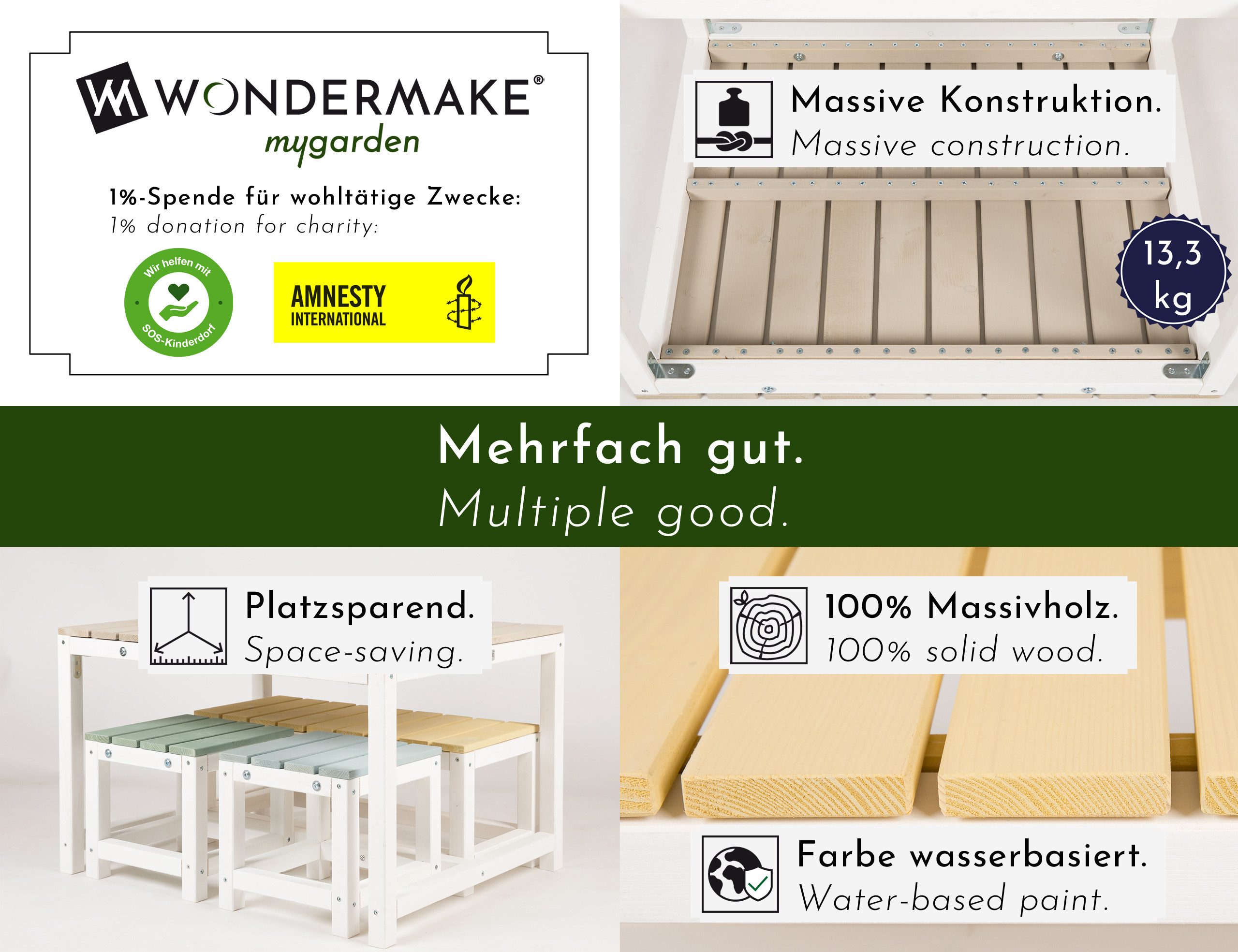 WONDERMAKE Garten-Kindersitzgruppe aus Holz ab 3 Jahre, Outdoor Indoor Kinder-Sitzgarnitur draußen weiß, (1x Tisch, 1x Bank, 2x Hocker, 4-tlg), Gartenmöbel-Set Sitzgruppe Garnitur drinnen, 4 Plätze, Picknick-Gruppe