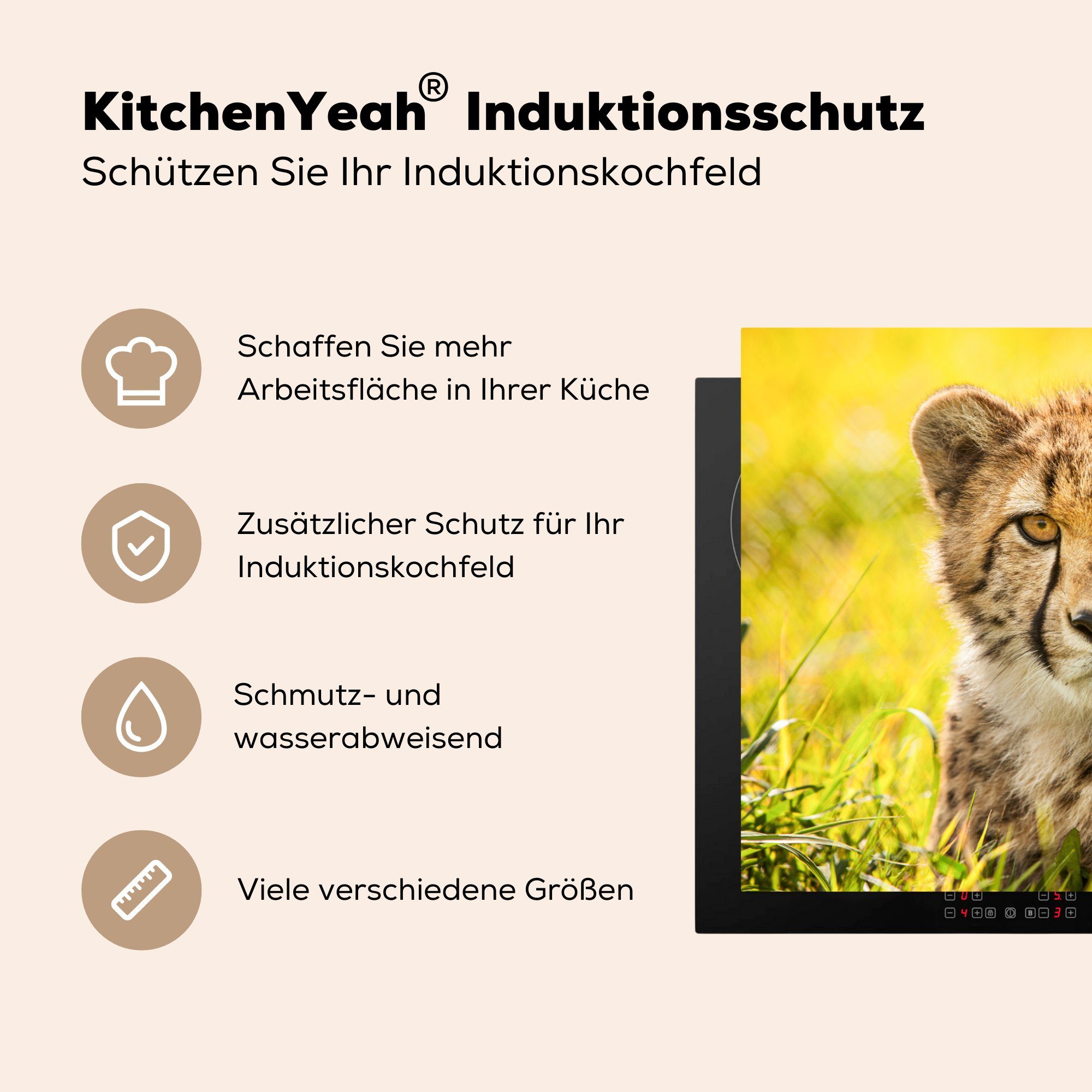 MuchoWow Herdblende-/Abdeckplatte Leopard (1 Schutz cm, für die küche, - Ceranfeldabdeckung - 81x52 Induktionskochfeld Vinyl, Gras tlg), Gepard