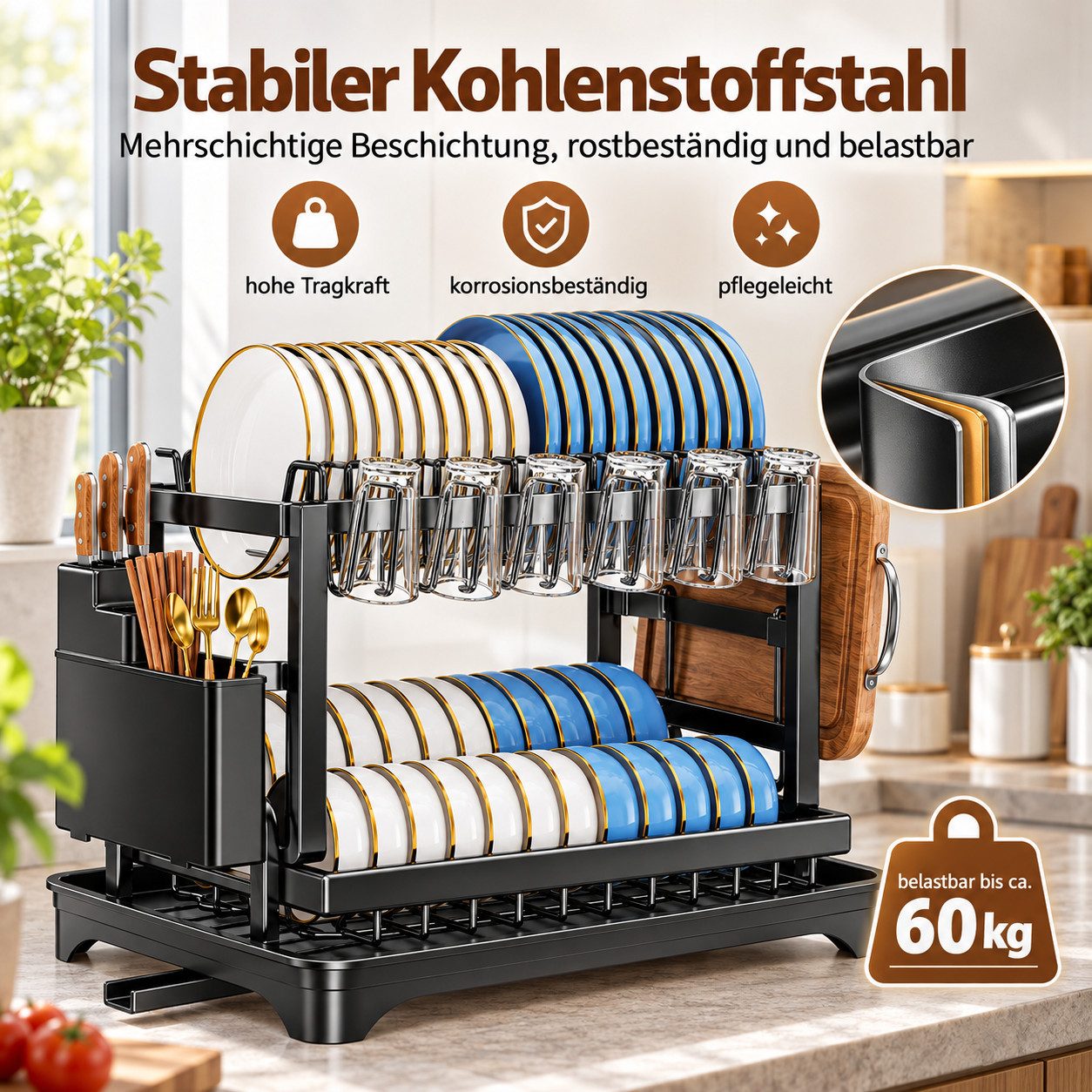 Luckice Geschirrständer 2-Etagen Abtropfgestell, Große Kapazität, 360°-Ablauf, stabile Carbonstahl-Konstruktion – Bild 5 von 5