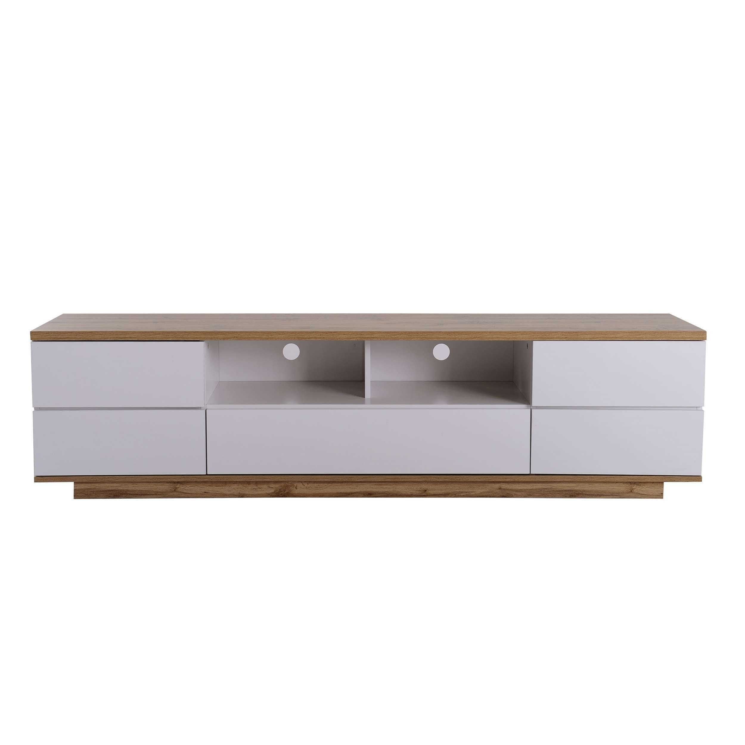 BBWL TV-Brücke Moderner TV-Schrank 180 cm in Weiß & Holzoptik, mit Gitterfronten (5 Türen & 2 offenen Fächern, MDF, Kabeldurchlass & Stauraum für Media-Geräte, belastbar bis 50 kg)