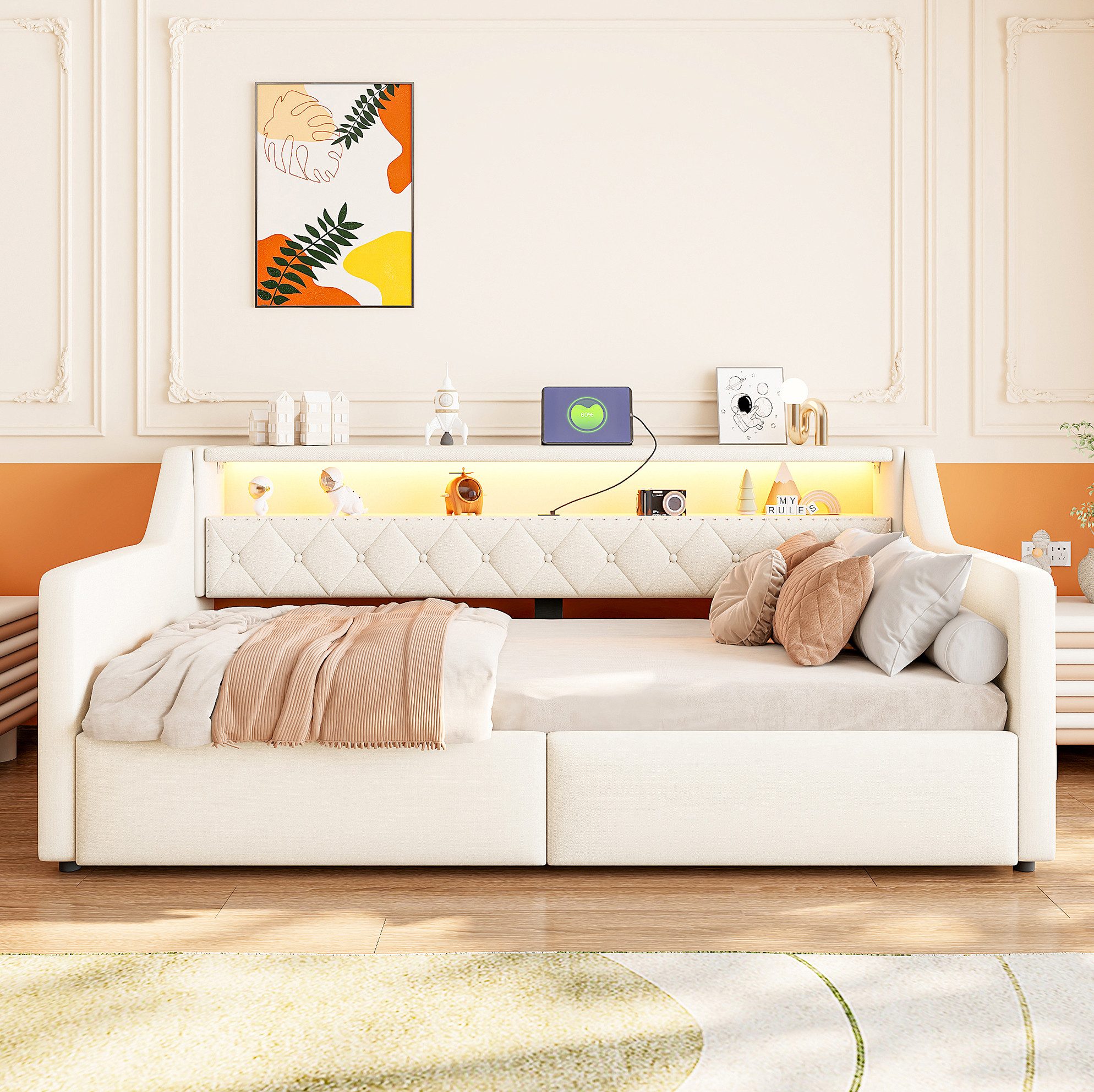 REDOM Schlafsofa Polsterbett mit LED-Beleuchtung, Daybett, 90x200 cm, praktischem Bettkasten mit Hydraulikfunktion und Ladeanschlussen, Funktionsbett Tagesbett, ohne Matratze