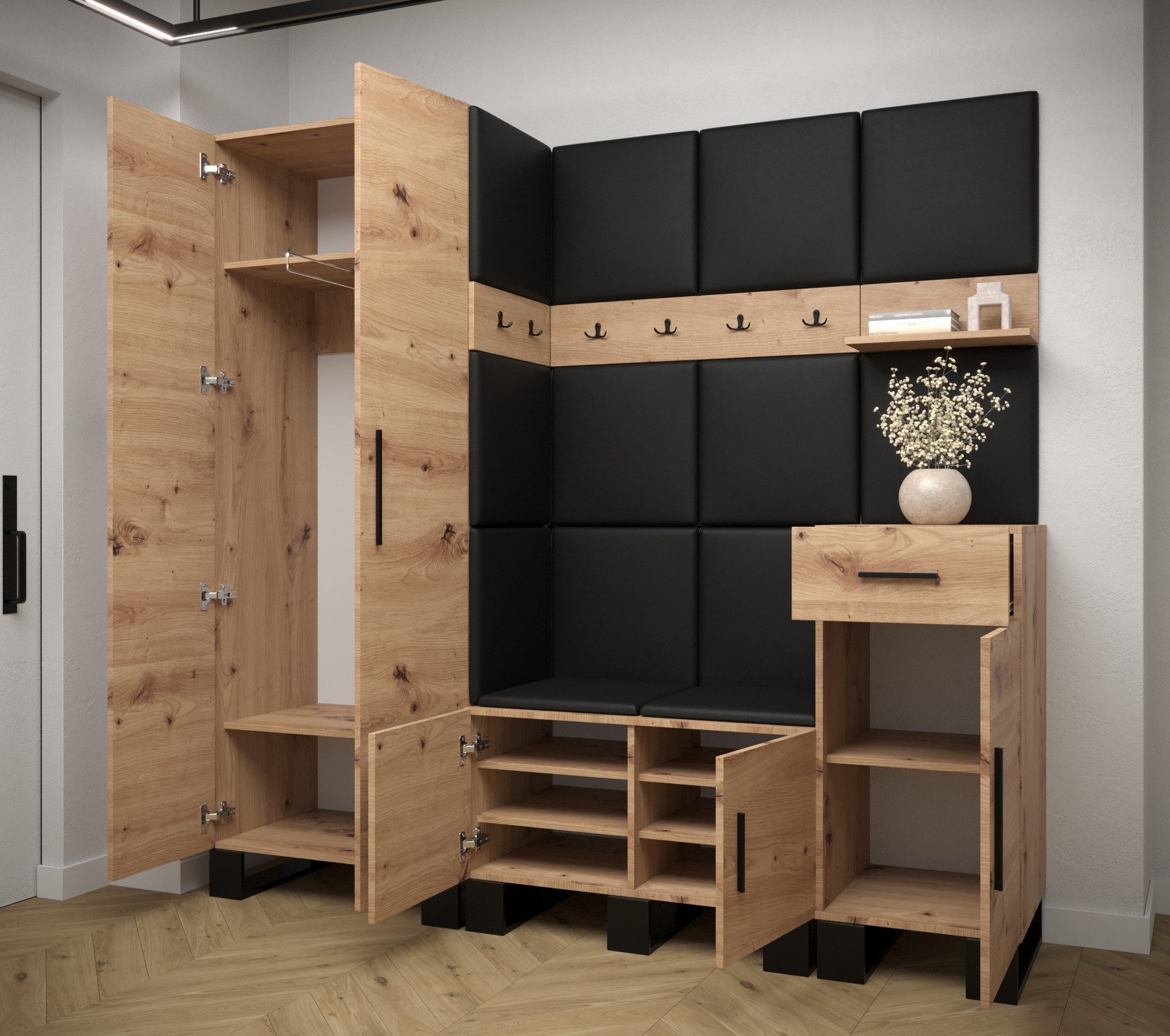 ABIKS MÖBEL Garderoben-Set ARTIN Set 1 Garderobe mit gepolsterten Paneelen, Industriell Design