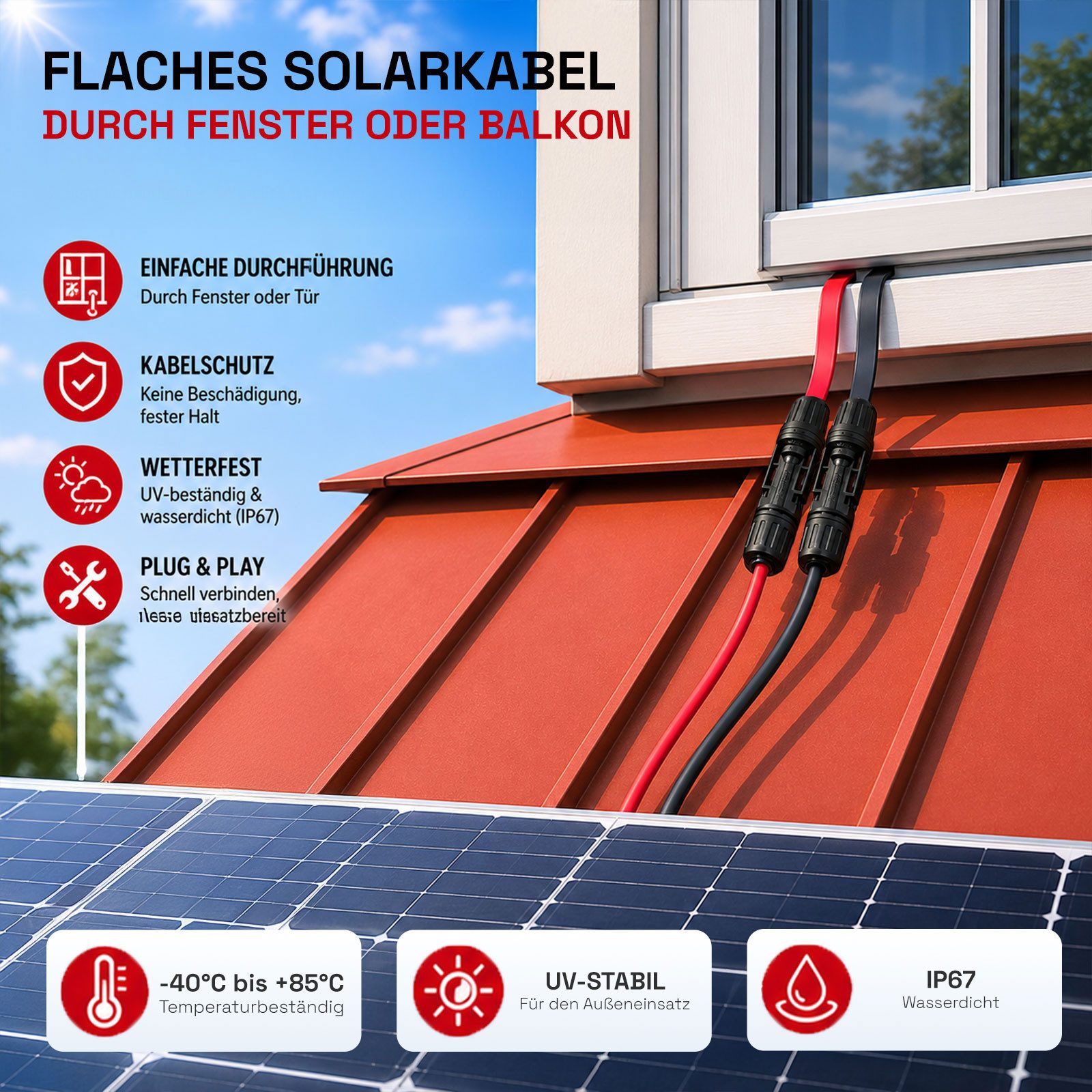 HB-DIGITAL 30cm PV Fensterdurchfuehrung 4mm2 1000V bis 30A rot Solarkabel, Solarstecker, (30 cm) – Bild 2 von 5