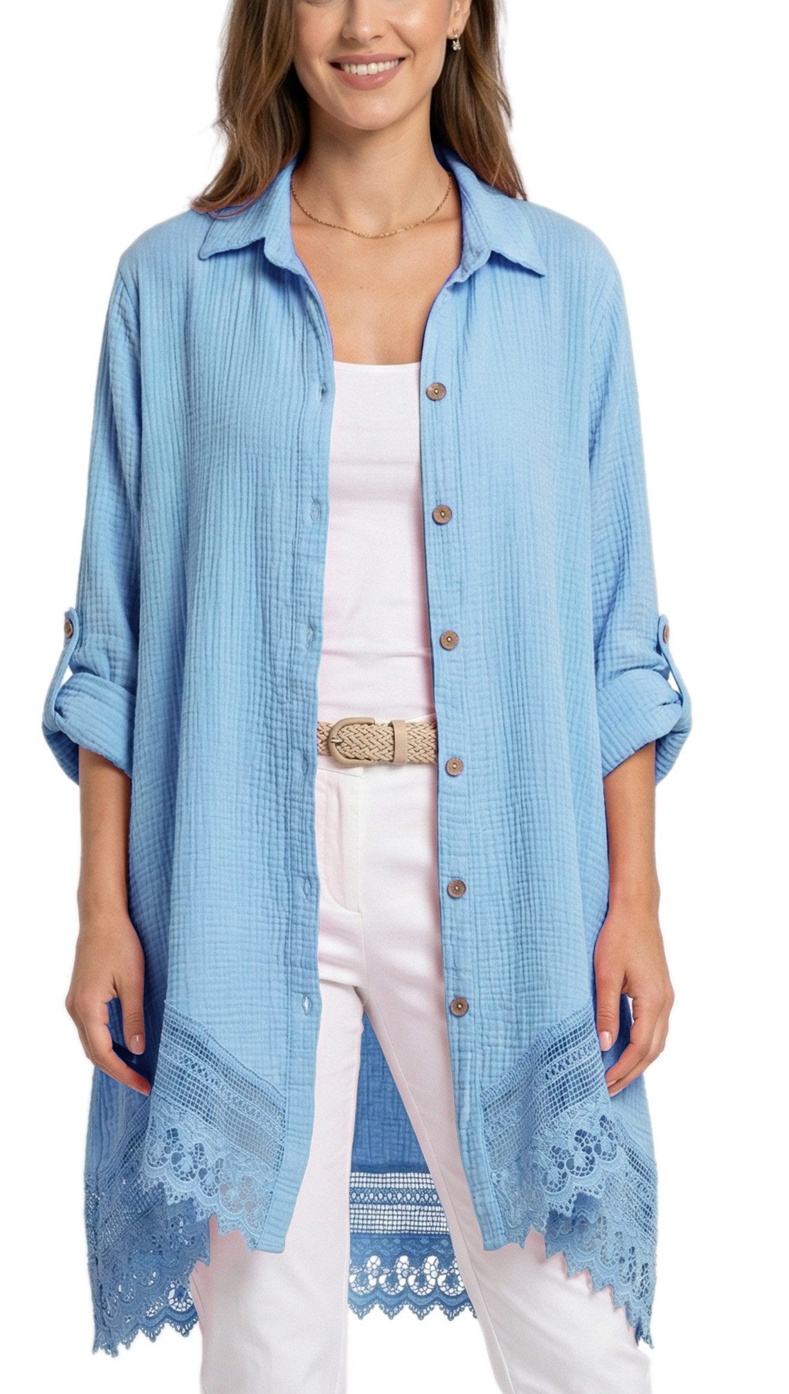 dy_mode Longbluse Damen Oversized Longbluse Musselin Tunika HemdbluseBlusenkleid in Unifarbe, dekorativem Häkel-Saum, Oversize-Passform