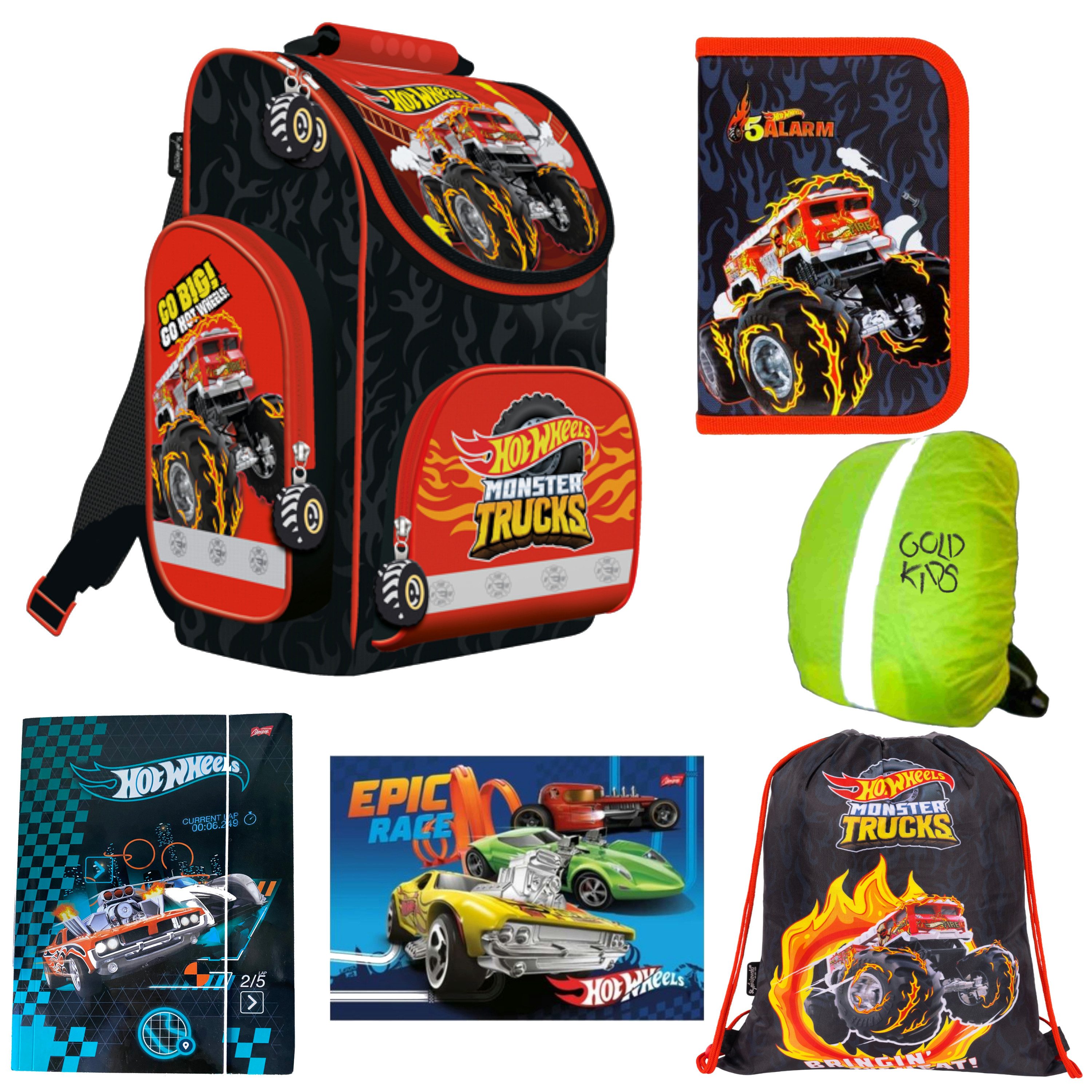 GOLDKIDS Ранцы für Jungen und Mädchen, 6er-Set - (Schul-Rucksack für Kinder mit, 1-tlg., Federmäppchen - Schuhbeutel und Regenschutz), - Hot Wheels Motiv- 1-3 Klasse