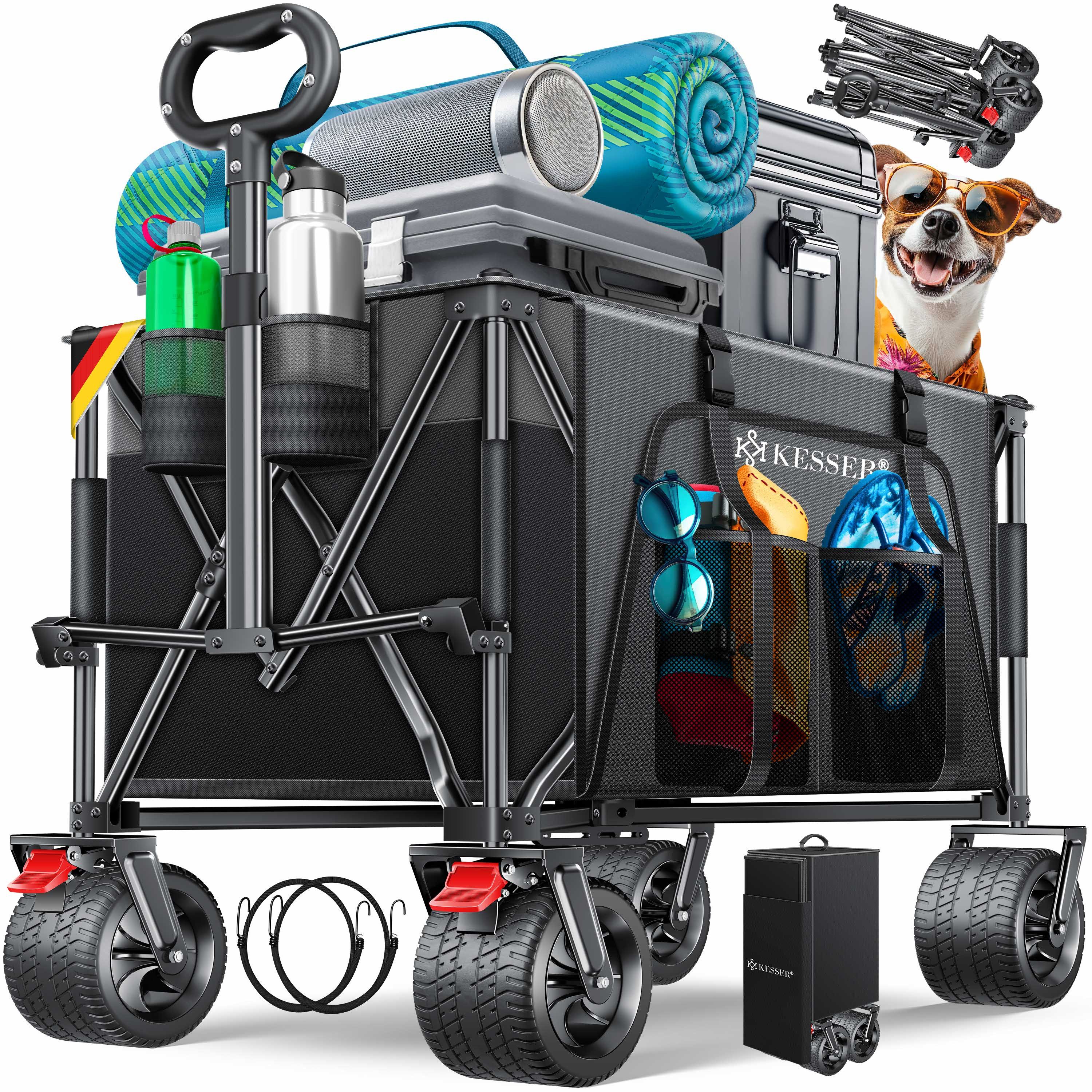 KESSER Візки GTR9000 Handwagen Outdoor Transportwagen 200L Stauraum 360° Räder (Strandwagen faltbar inklusive Cover, Seitentasche & Getränkehalter), Gartenwagen UV- & Wetterbeständig mit Feststell-Bremsen & breite Räder