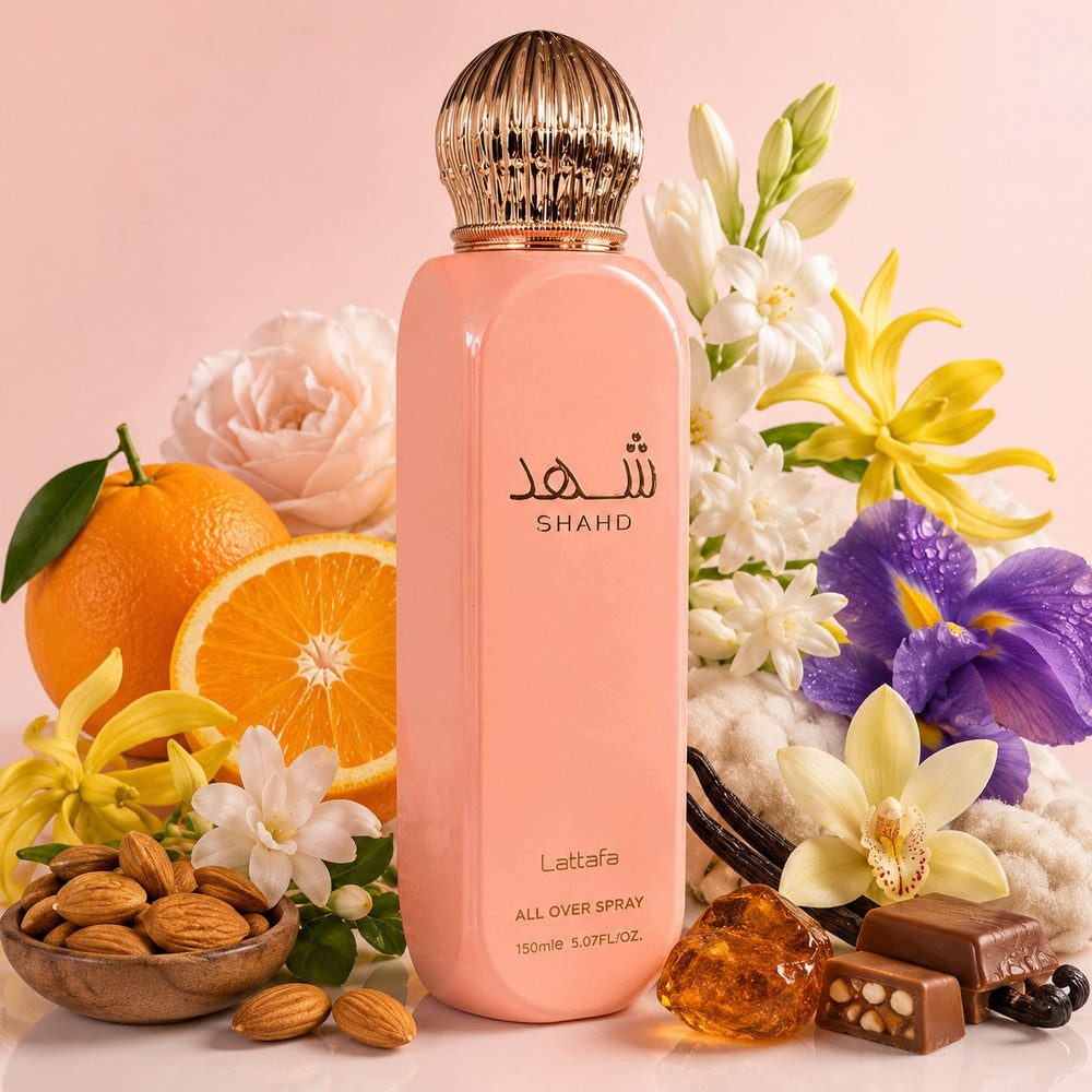 Lattafa Duft-Set Shahd All Over Spray 150 ml Body Spray + Parfümzerstäuber (leer) Set