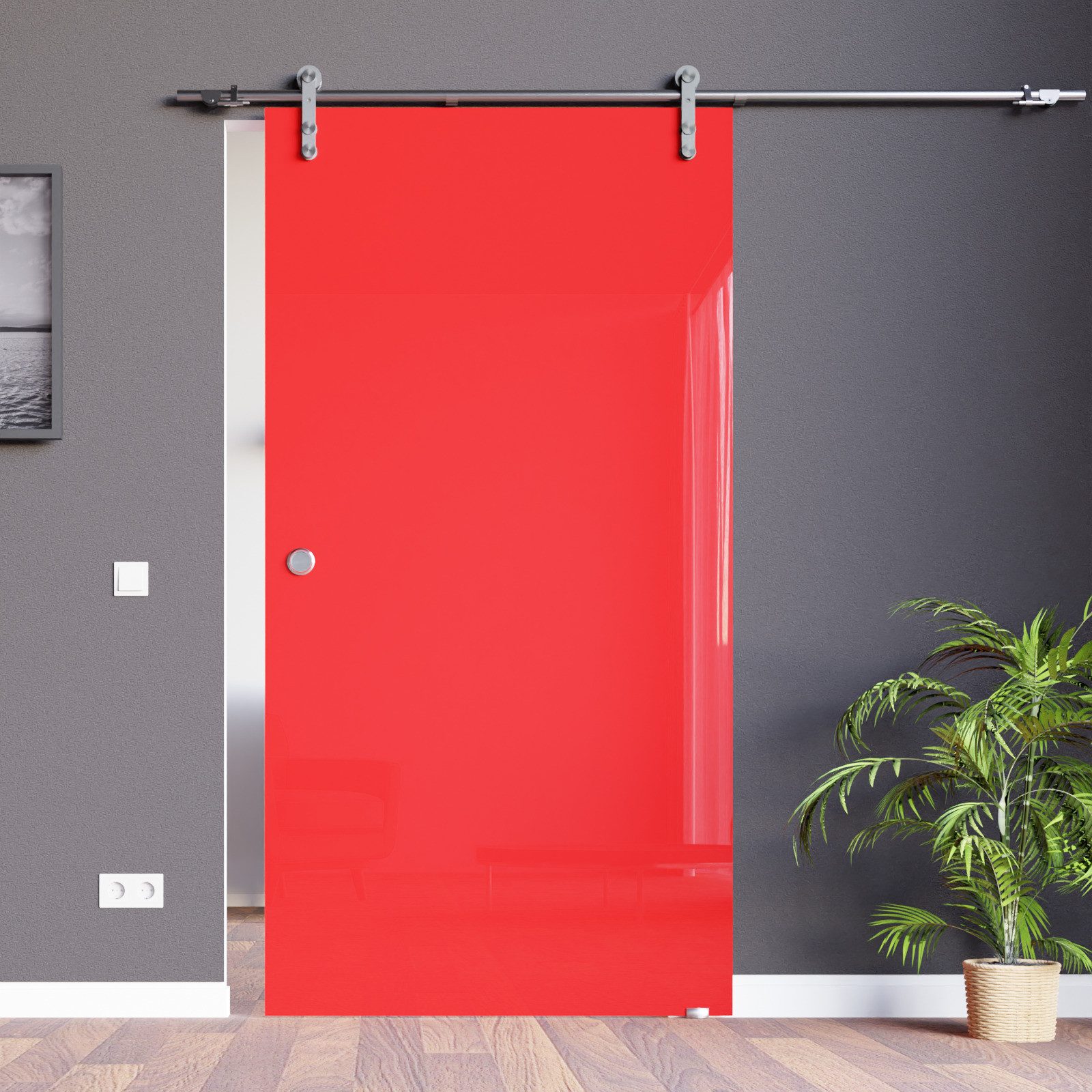 AMOD Glasschiebetür VSG-rot-SSOE (Komplett-Set), mit Griffmuschel und SoftStop