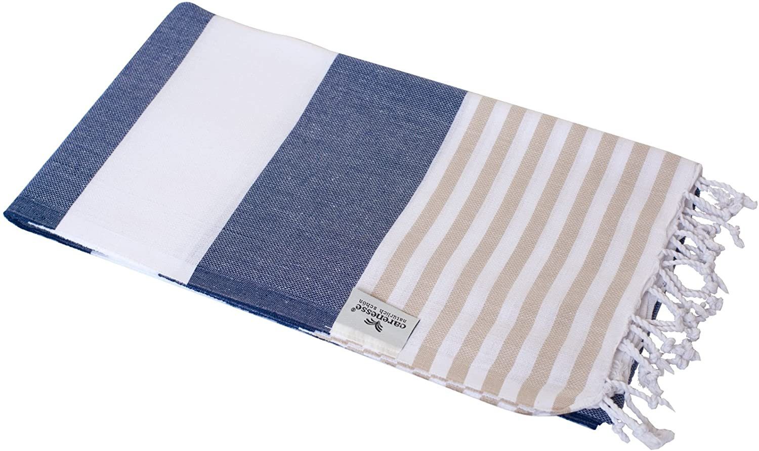 Carenesse Strandtuch Hamamtuch Tommy 100 x 180 cm Hamam Handtuch Baumwolle blau weiß beige, Baumwolle, breit & saugfähig Pestemal Fouta I Saunatuch Strandtuch Camping Towel | Strandtücher